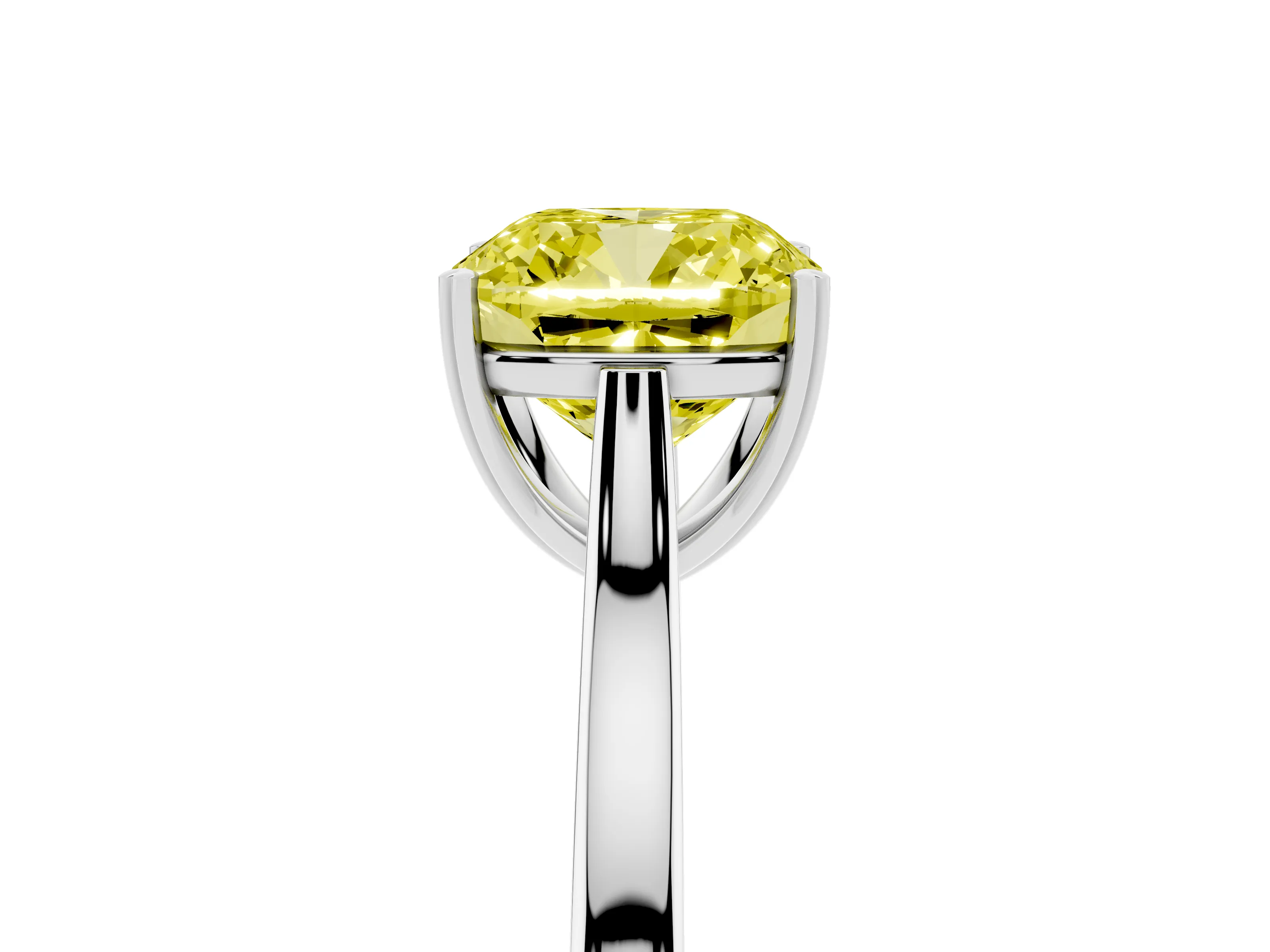 Fancy Yellow Cushion Cut Diamond Solitaire Heart Prong Engagement Ring Set in White gold with Tapered Band