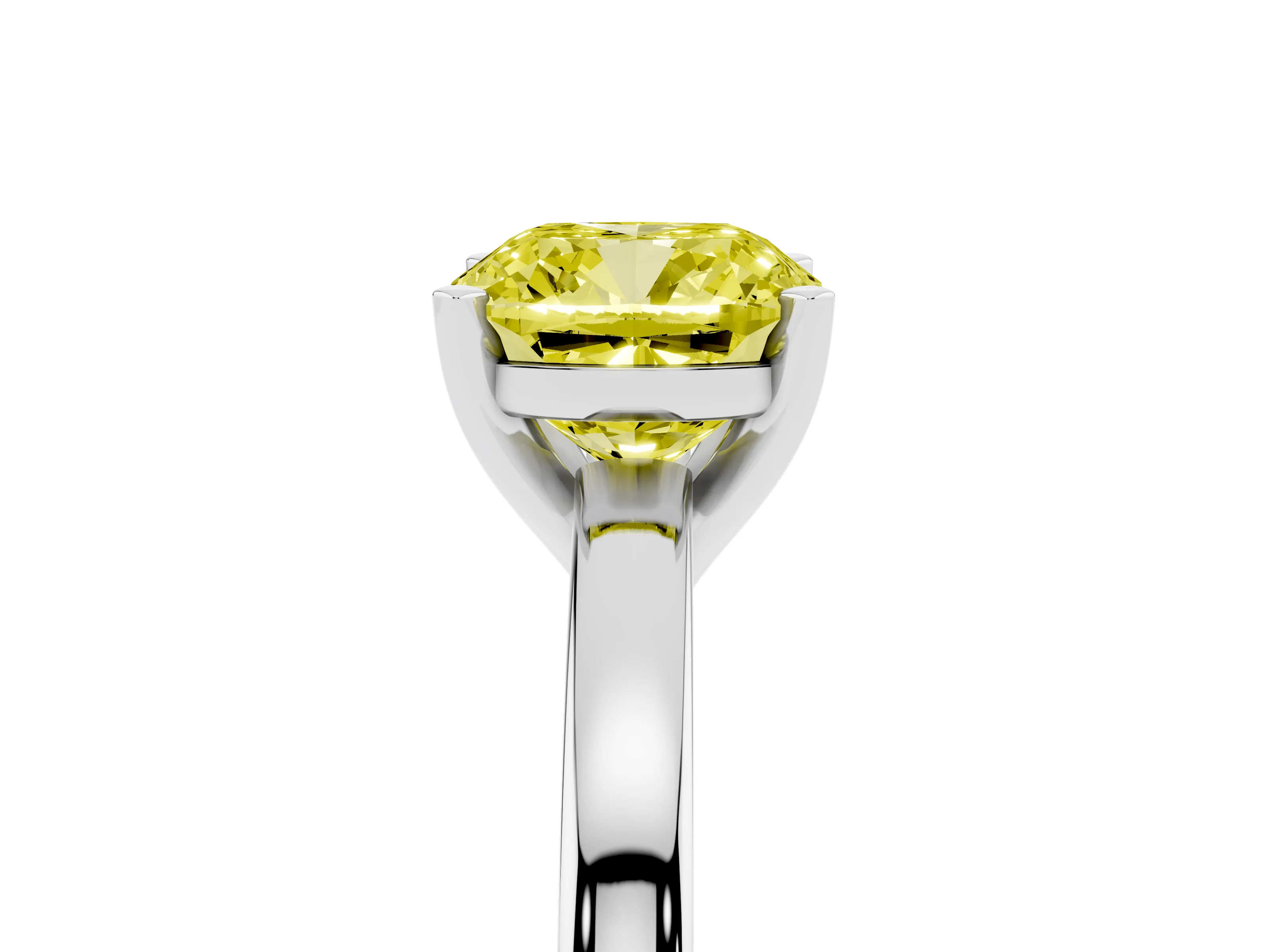Fancy Yellow Cushion Cut Diamond Solitaire Engagement Ring Set in Platinum with Prong Setting on a Classic Band