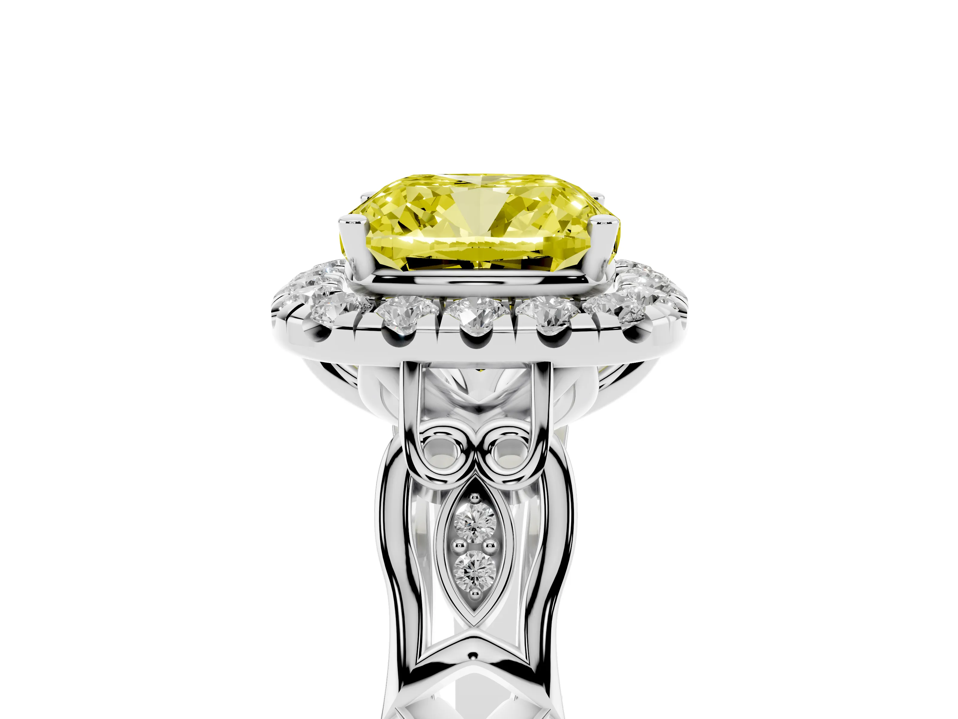 Fancy Yellow Cushion Cut Diamond Halo Engagement Ring Set in Platinum with Filigree Band and Prong-Set Center