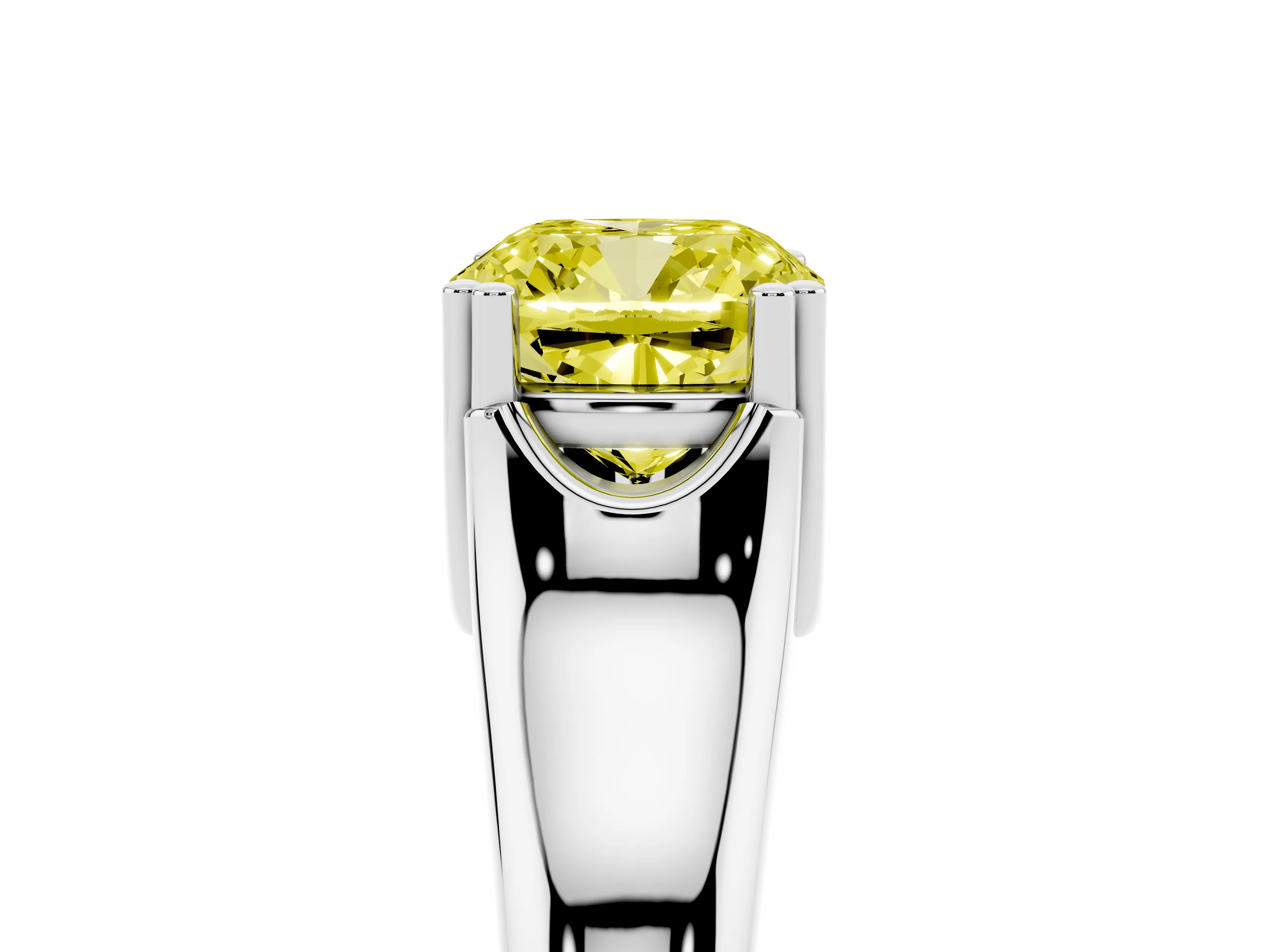 Fancy Yellow Cushion Cut Diamond Solitaire Ring Set in Silver with Wide Band and Prong Setting