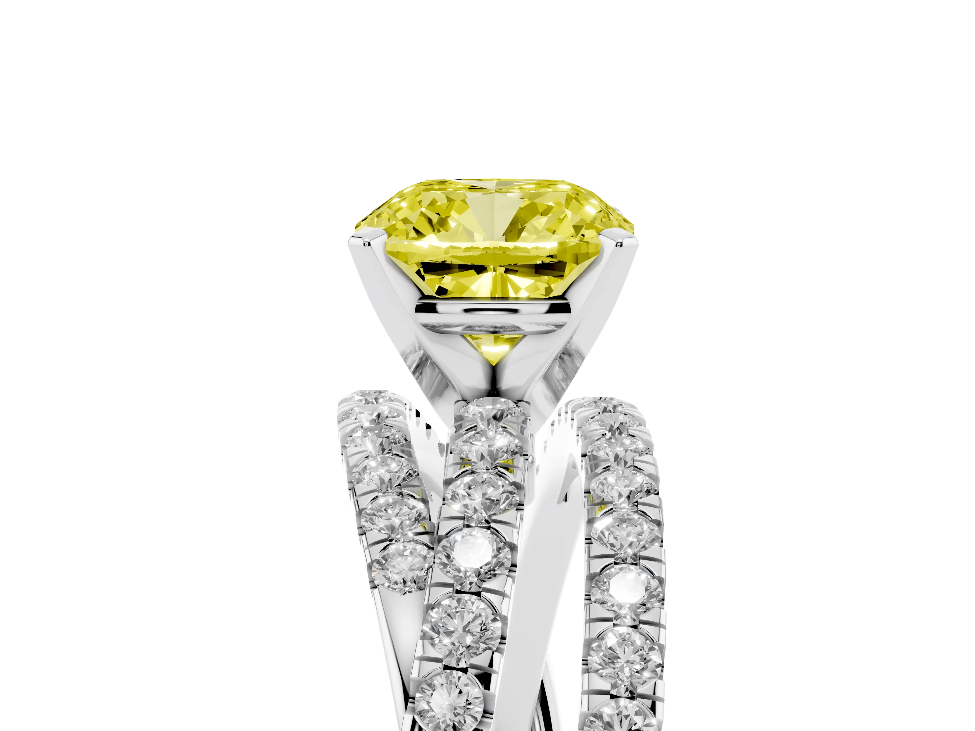 Fancy Yellow Cushion Cut Diamond Solitaire Twist Band Ring Set in Silver with Pavé Setting and Prong Head
