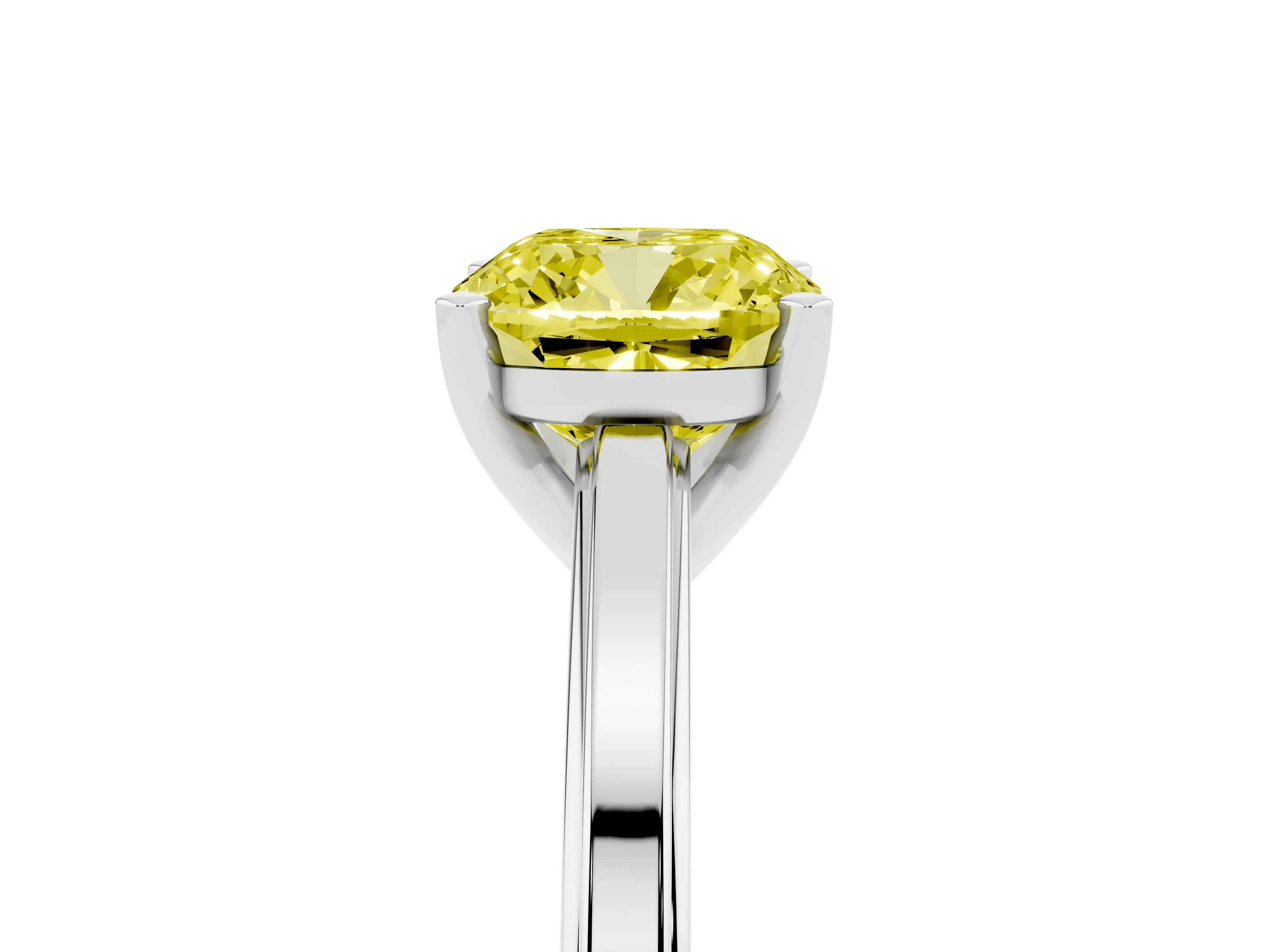 Fancy Yellow Cushion Cut Diamond Solitaire Ring Set in White gold with Prong Setting and Classic Band