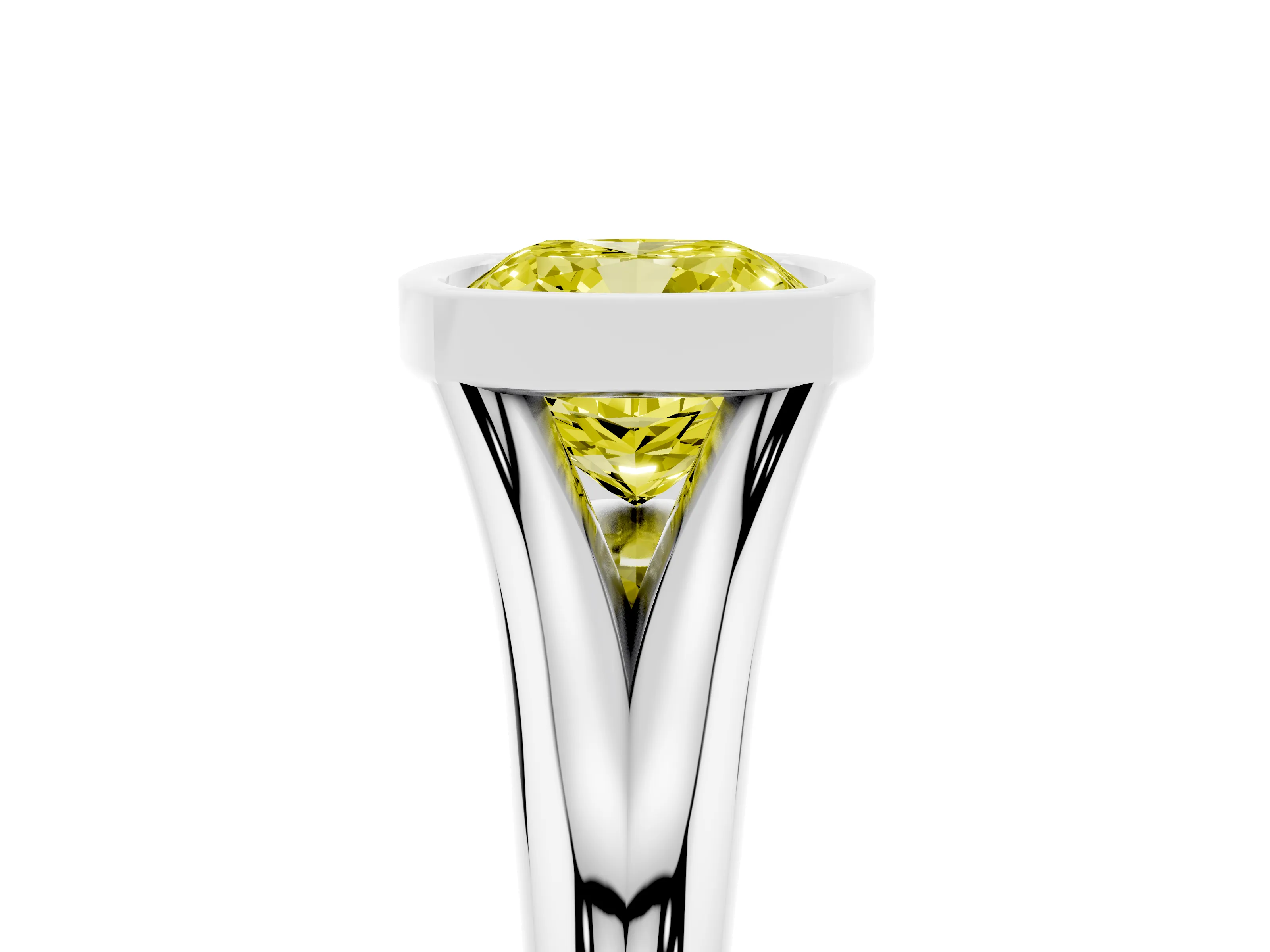 Fancy Yellow Bezel Set Cushion Cut Diamond Solitaire Ring Set in Silver with Smooth Band