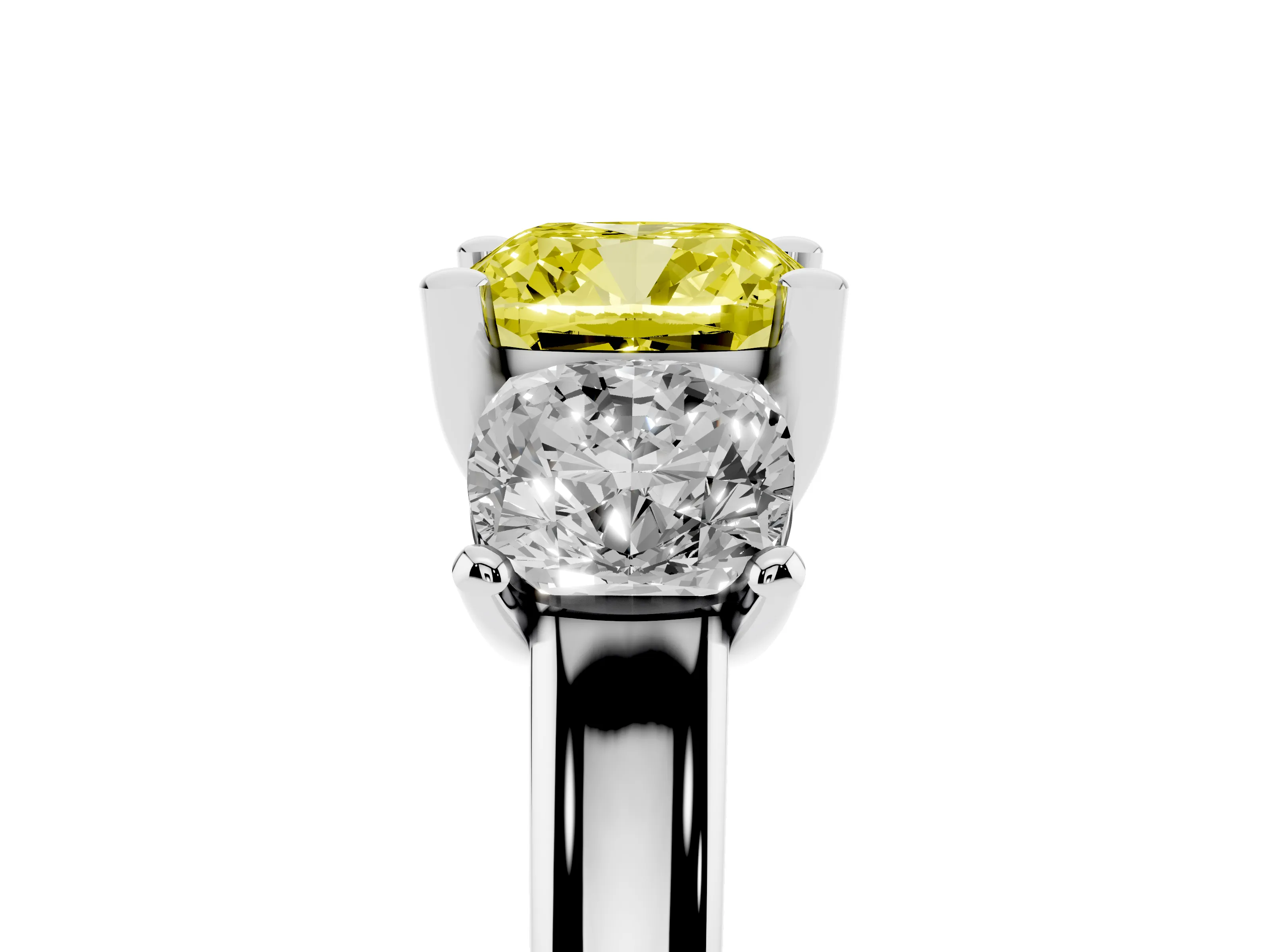 Fancy Yellow Cushion Cut Diamond Three-Stone Ring Set in White gold with Classic Prong Setting and Plain Band
