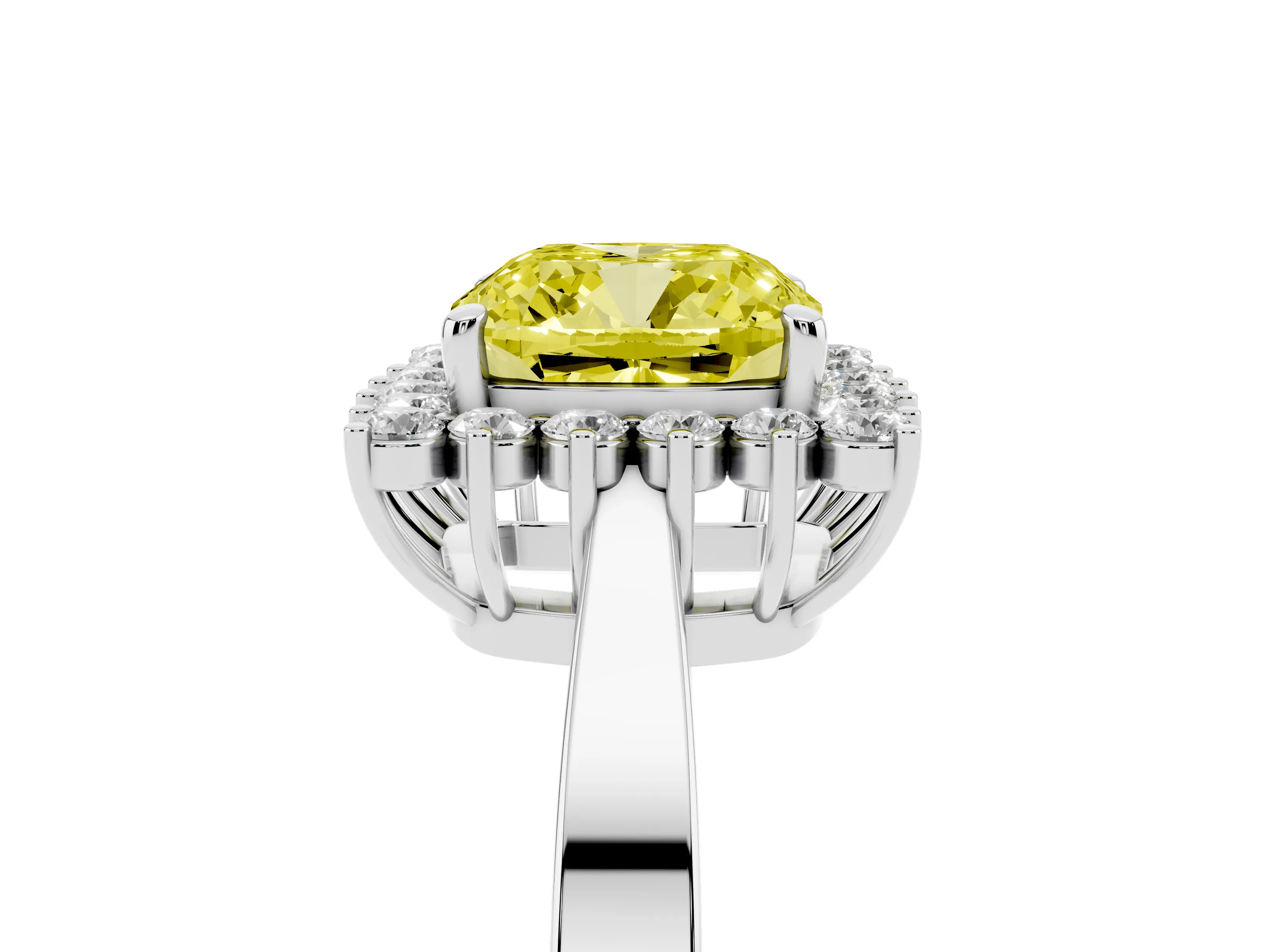 Fancy Yellow Cushion Cut Diamond Halo Ring Set in Silver with Round Halo and Smooth Solitaire Band