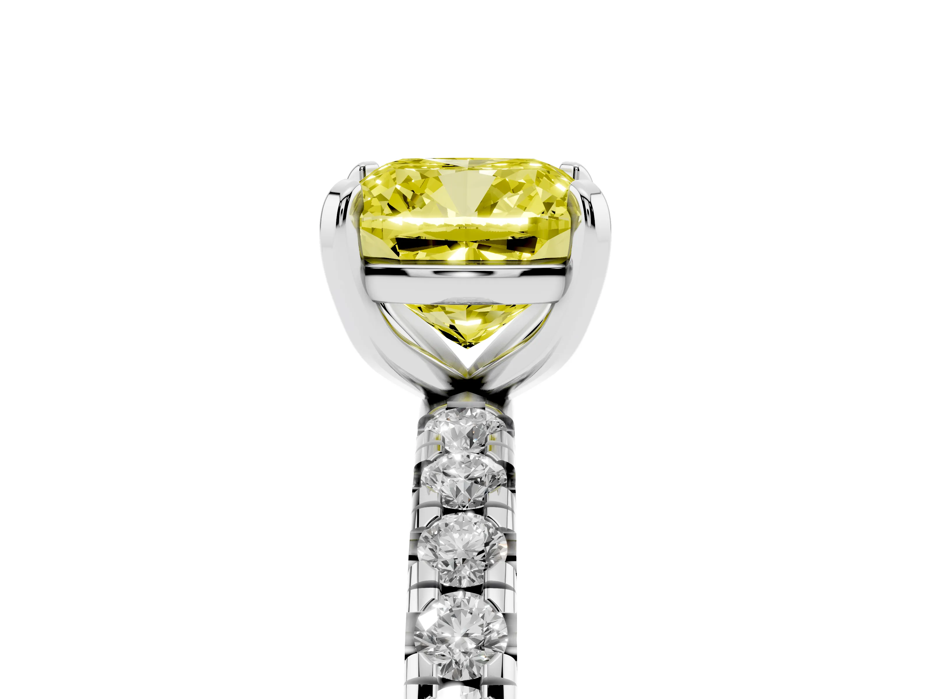 Fancy Yellow Cushion Cut Diamond Pavé Solitaire Ring Set in White gold with Round Band and Prong Setting