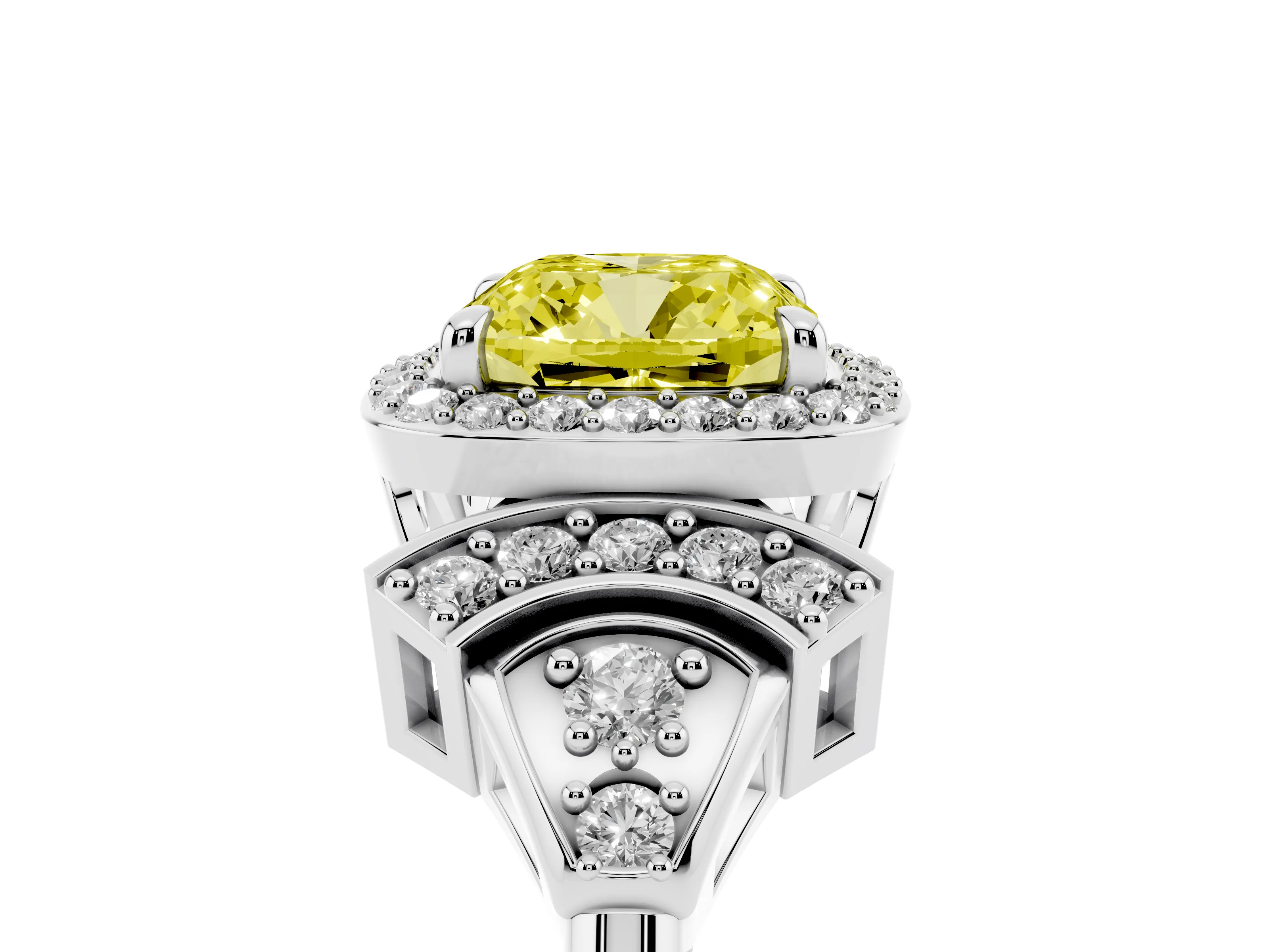 Fancy Yellow Cushion Cut Diamond Halo Engagement Ring Set in Platinum with Accent Stone Split Shank