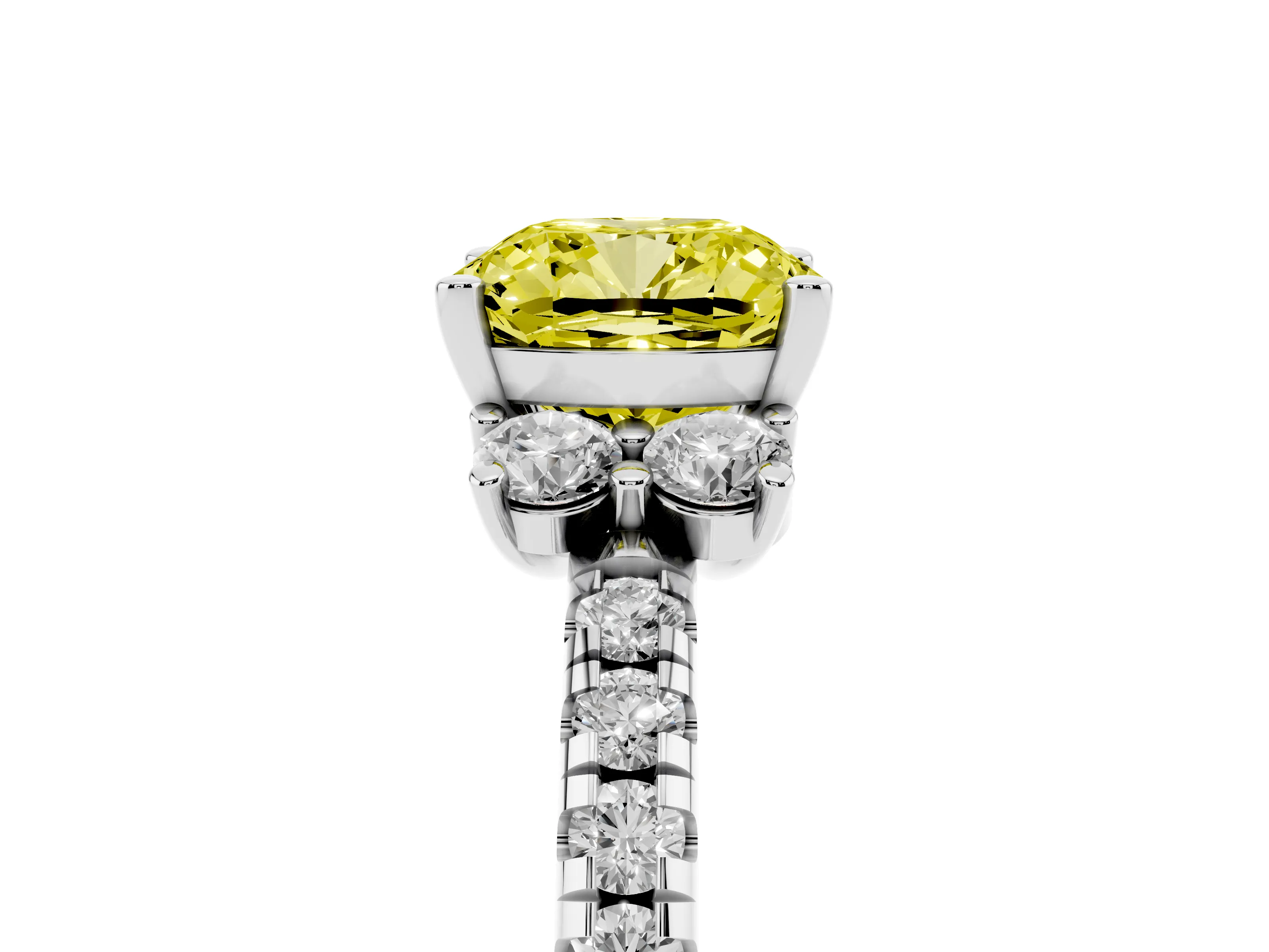 Fancy Yellow Cushion Cut Diamond Three-Stone Pavé Ring Set in Silver with Prong Setting