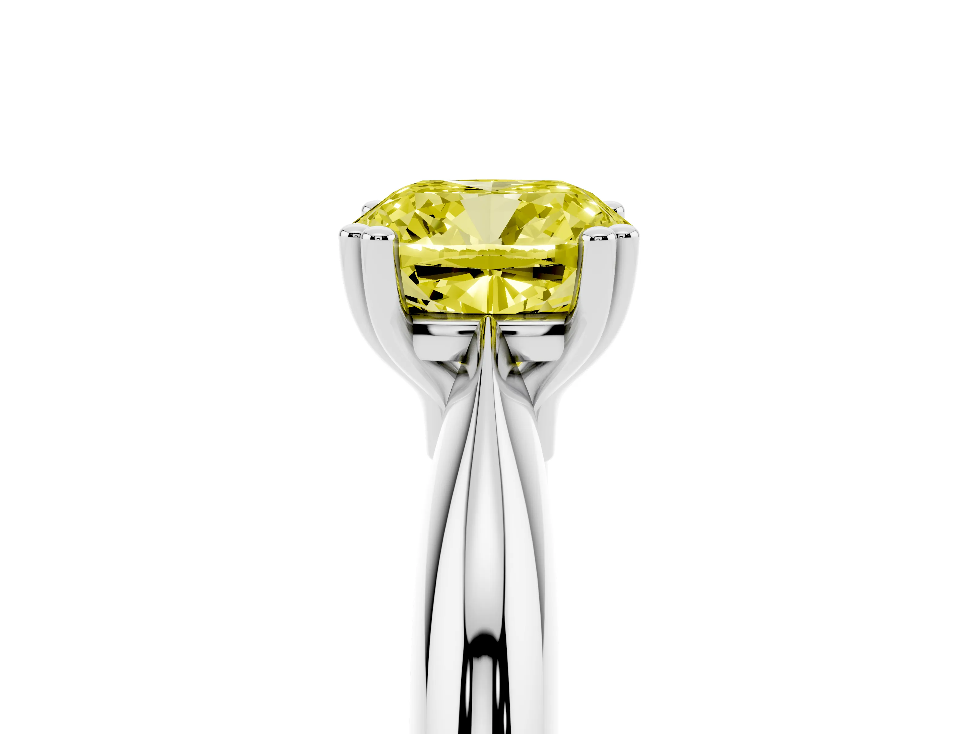 Fancy Yellow Cushion Cut Diamond Solitaire Engagement Ring Set in White gold with Tapered Band and Prong Setting