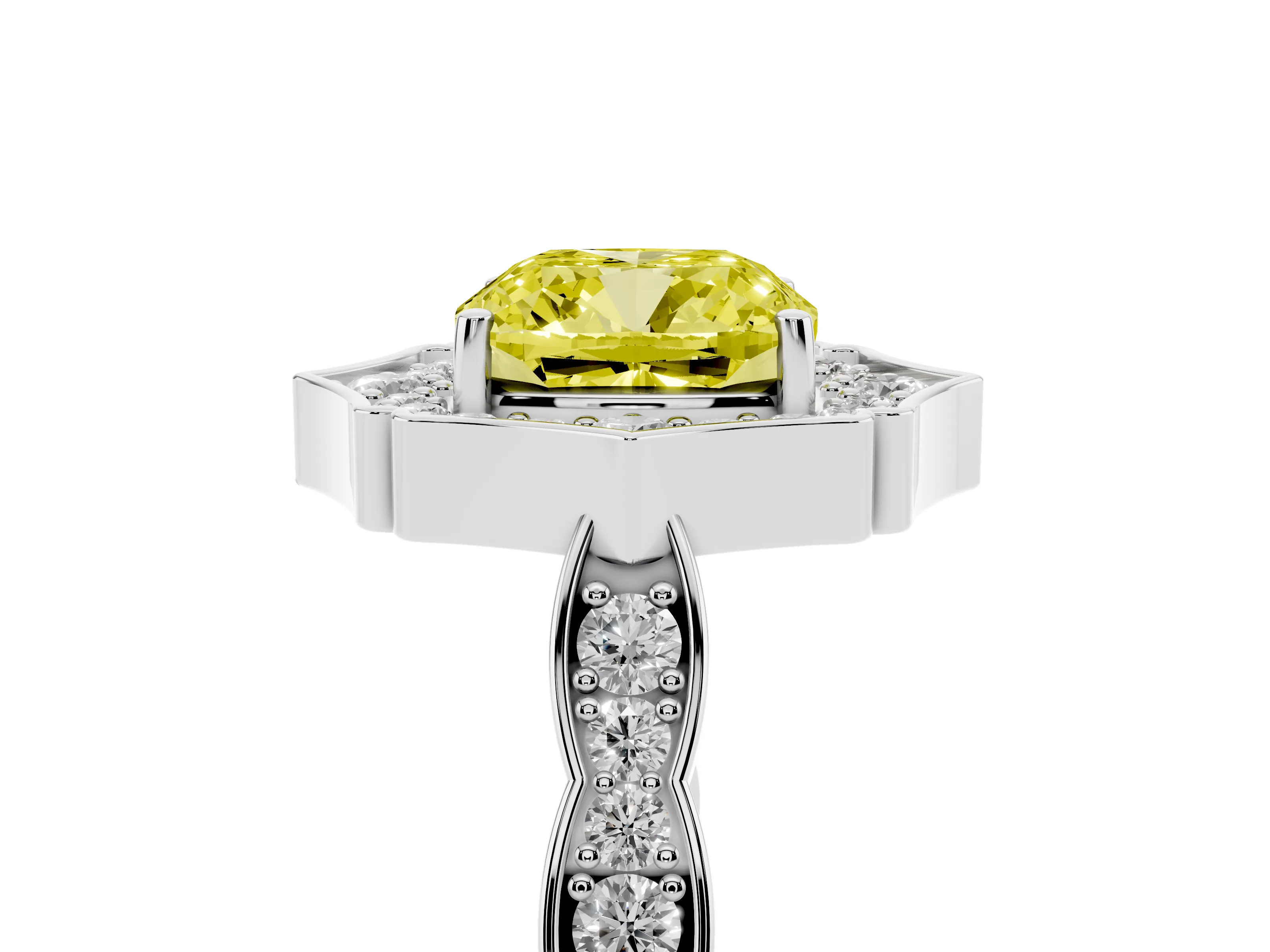 Fancy Yellow Cushion Cut Diamond Halo Engagement Ring Set in Platinum with Milgrain Band and Prong Setting