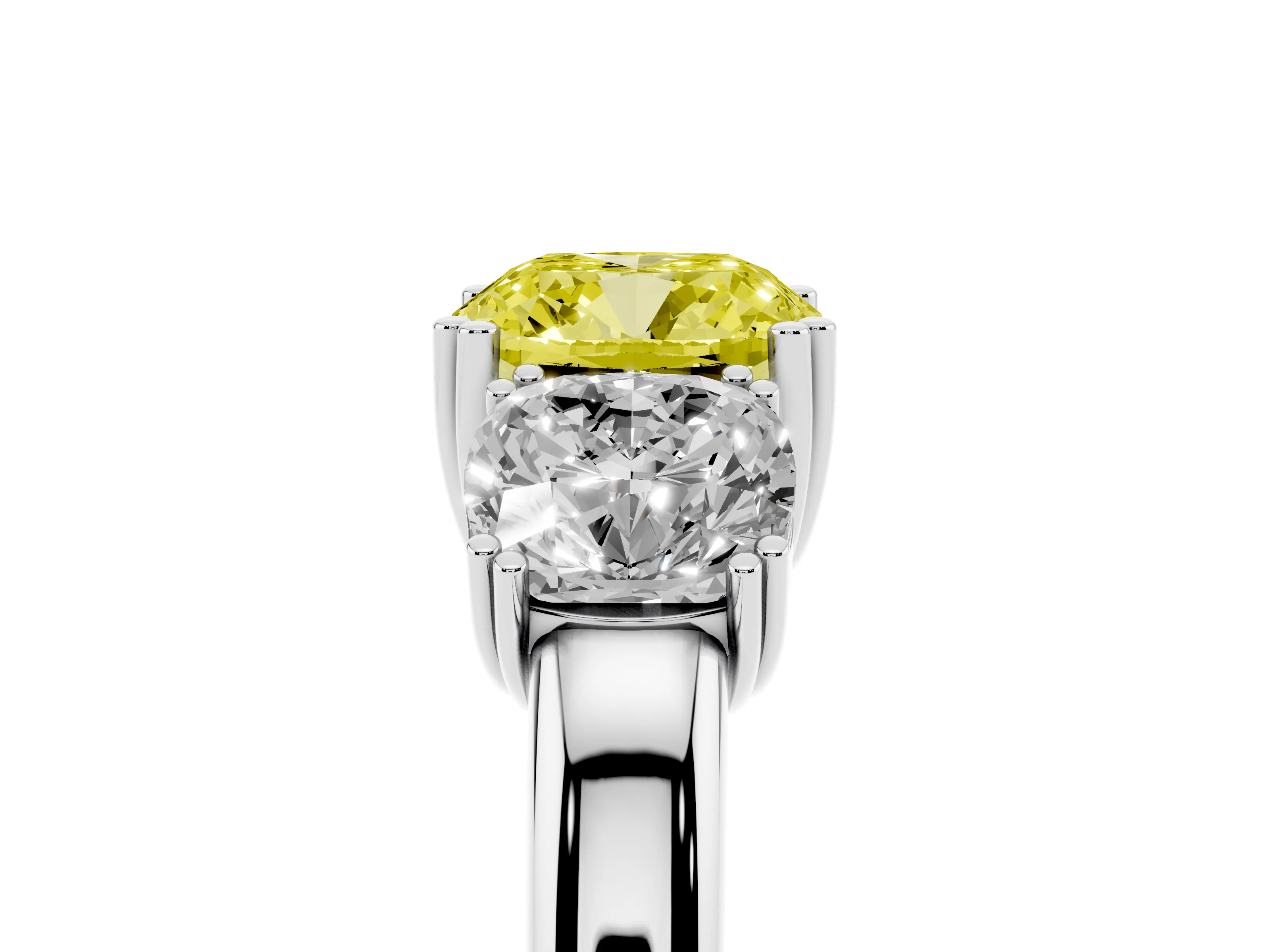 Fancy Yellow Cushion Cut Diamond Three-Stone Ring Set in Platinum with Polished Band and Prong Setting