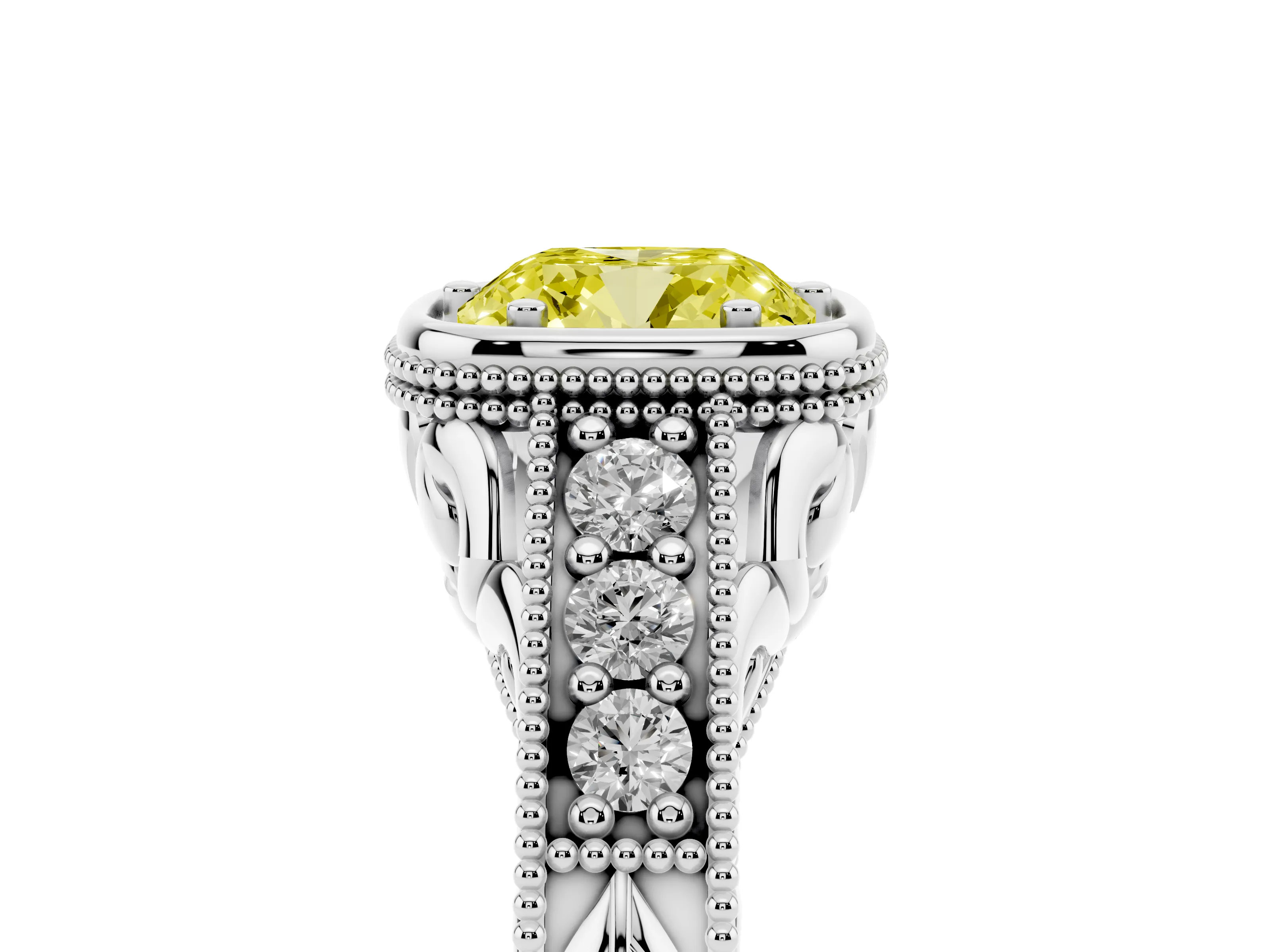 Fancy Yellow Bezel Set Cushion Cut Diamond Milgrain Pavé Engagement Ring Set in White gold