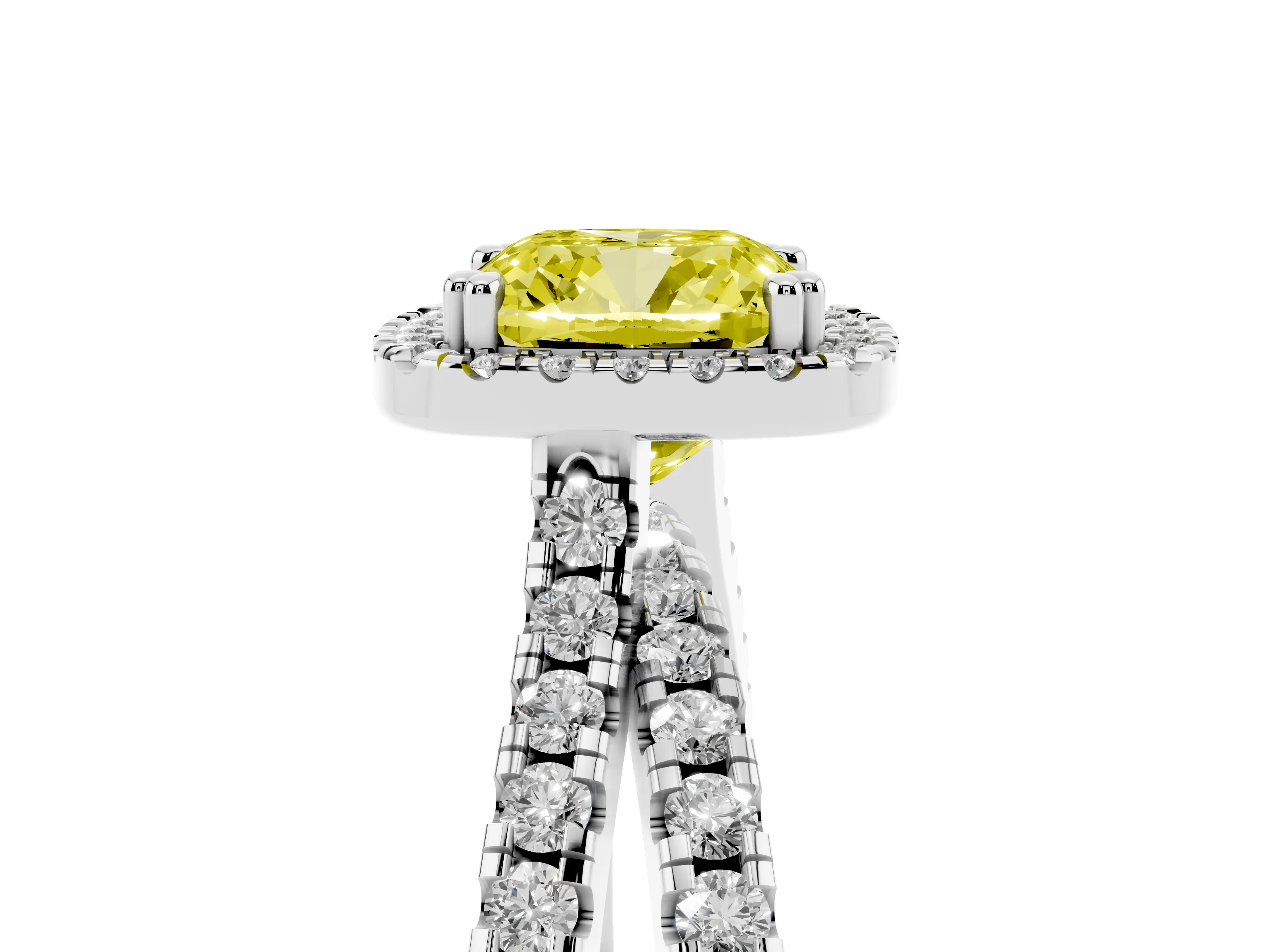 Fancy Yellow Cushion Cut Diamond Halo Split Shank Ring Set in Silver with Pavé Setting