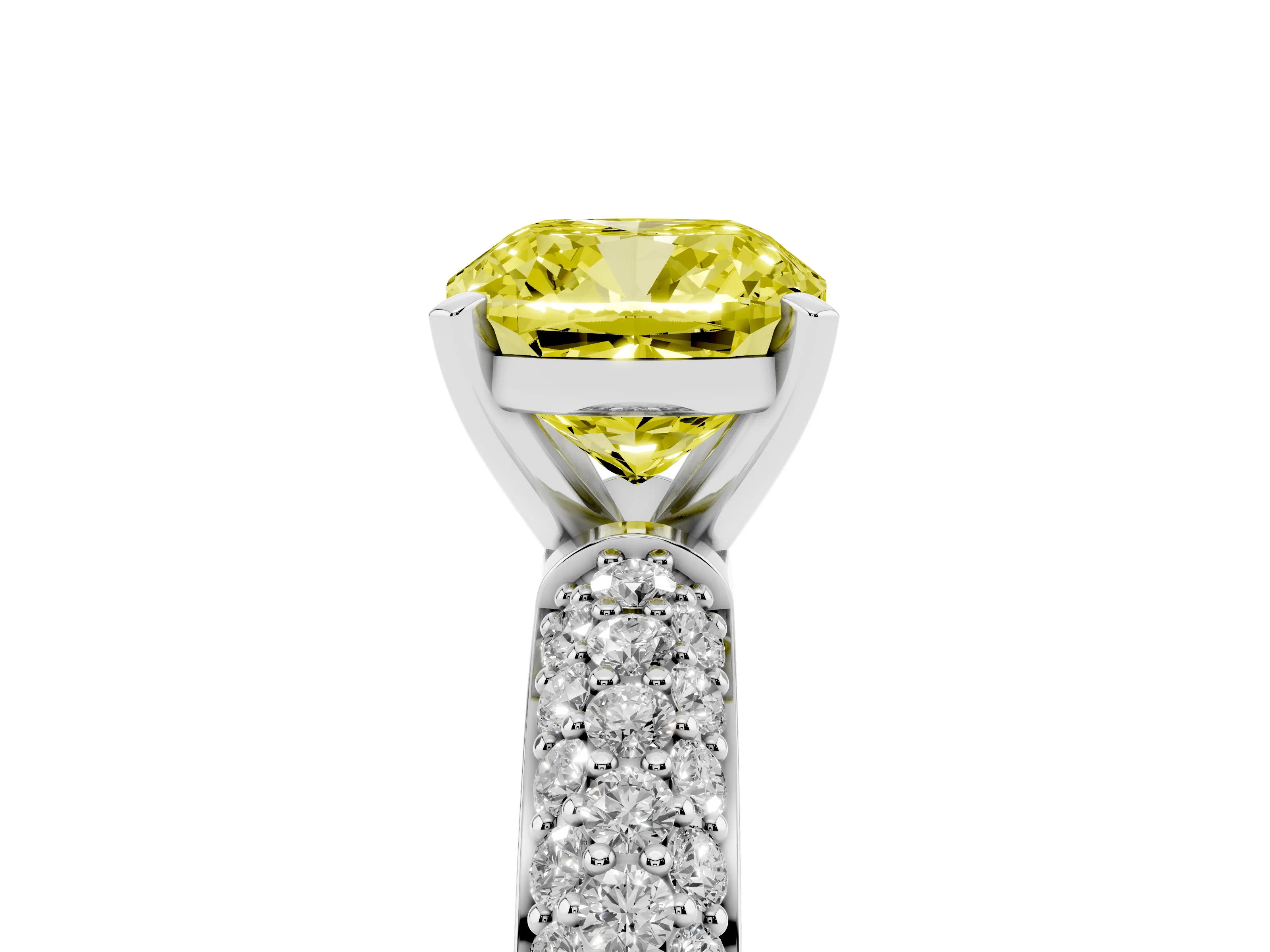 Fancy Yellow Cushion Cut Diamond Solitaire Ring Set in White gold with Prong Setting and Pavé-Set Band