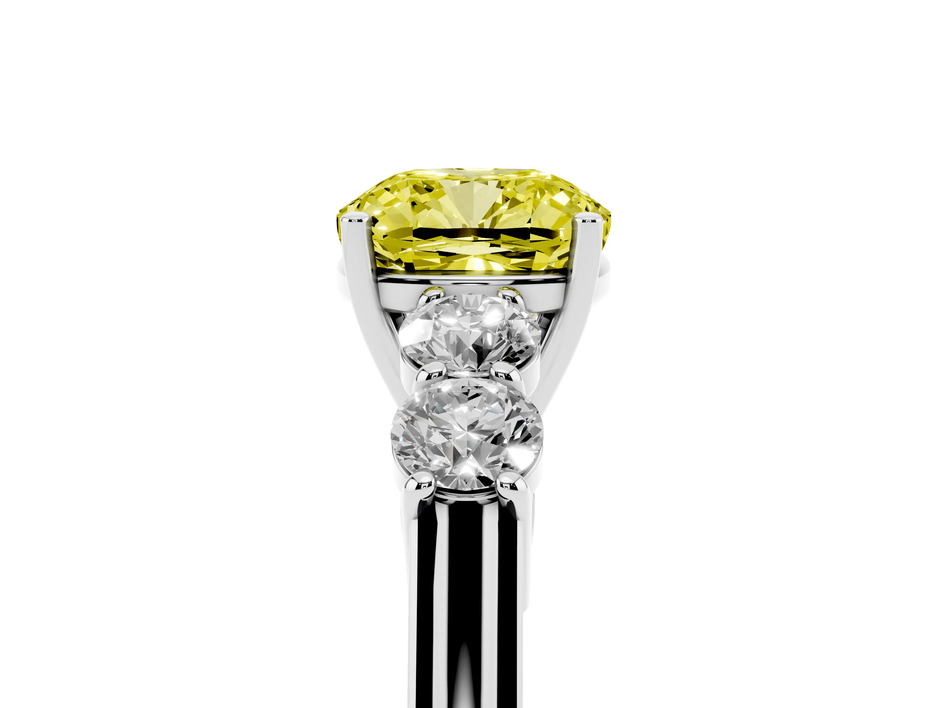Fancy Yellow Cushion Cut Diamond Five-Stone Prong Set Band Ring Set in White gold with Polished Band