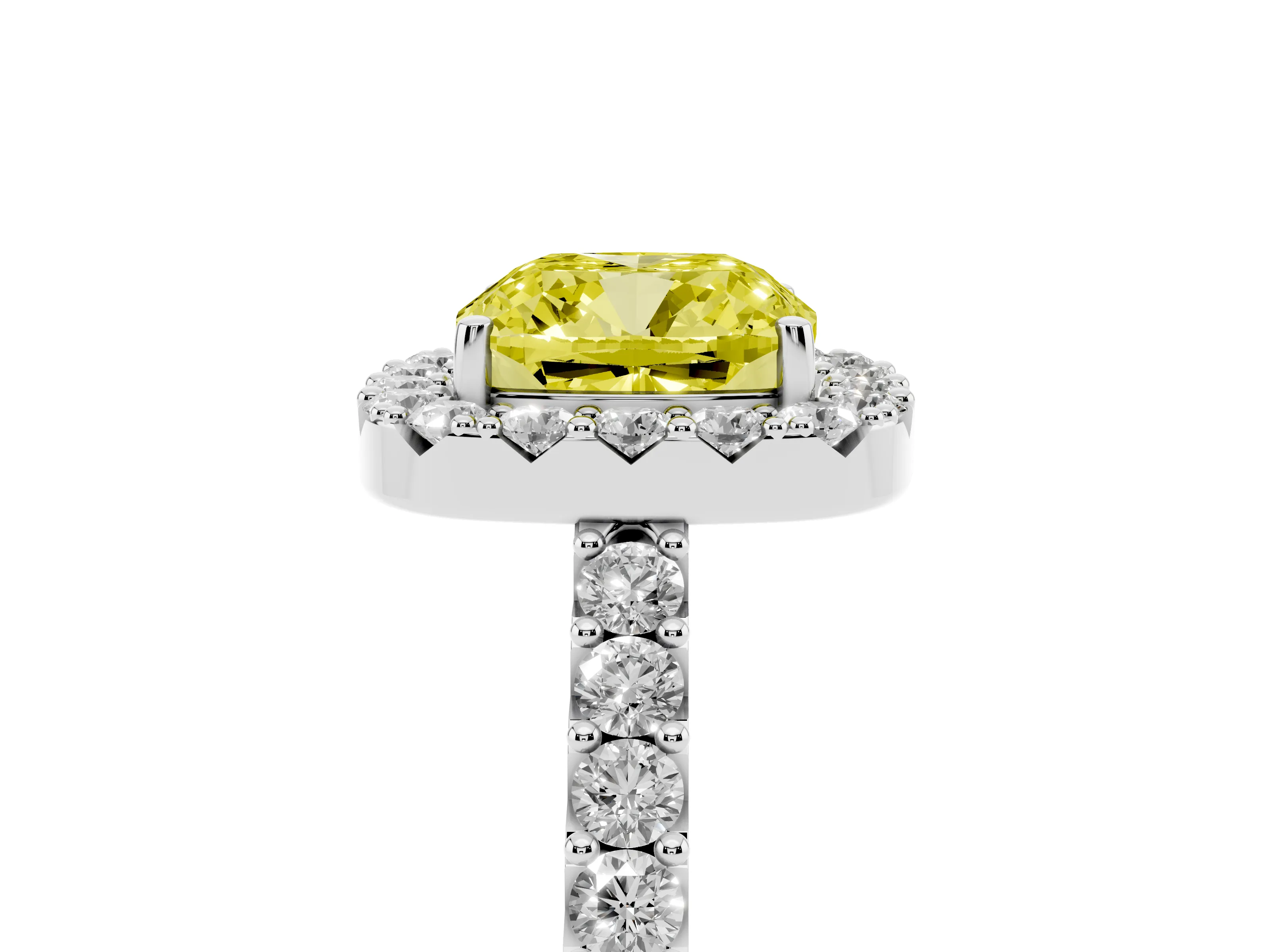 Fancy Yellow Cushion Cut Diamond Halo Pavé Solitaire Ring Set in Silver with Prong-Set Center Stone