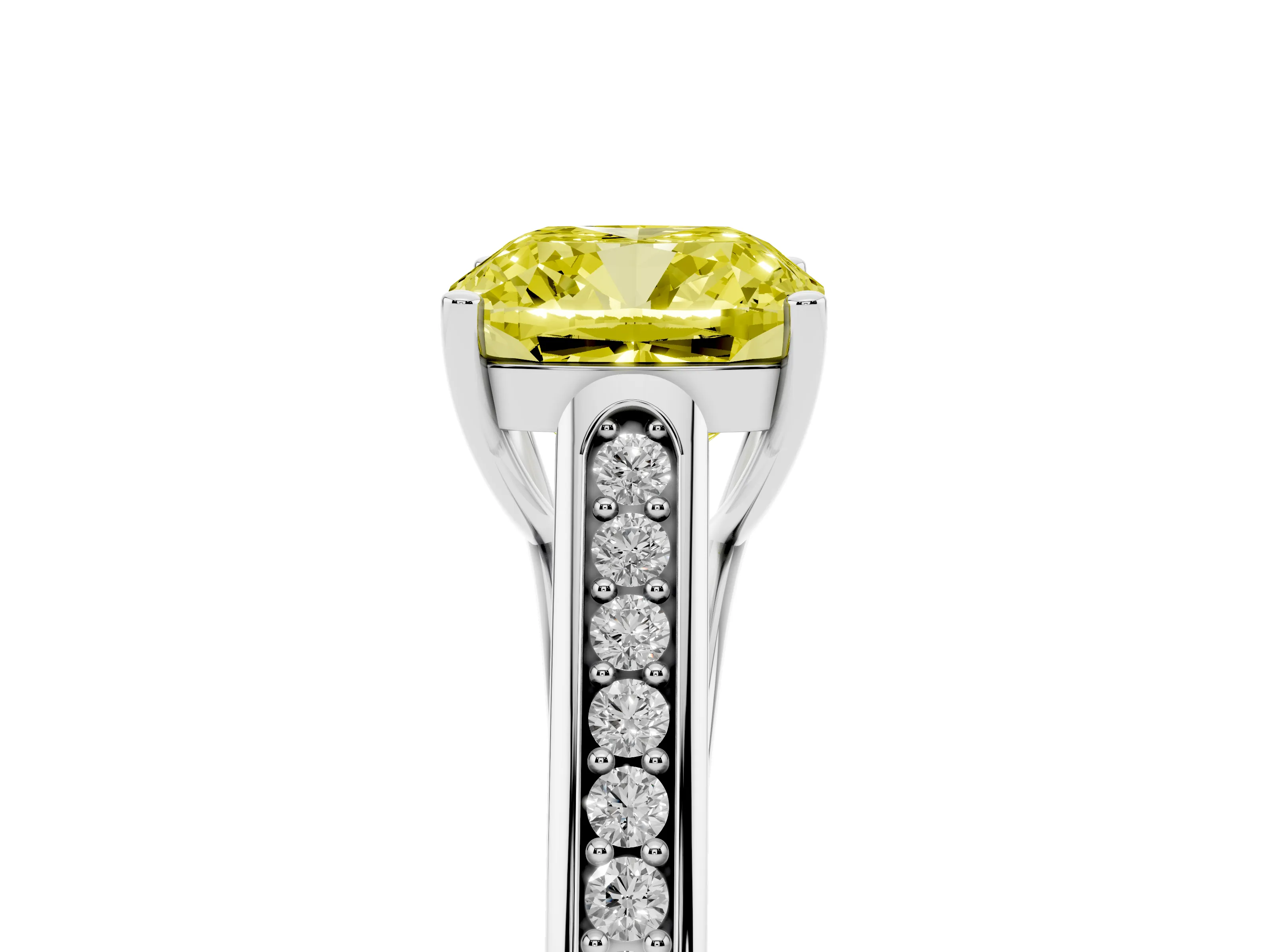 Fancy Yellow Cushion Cut Diamond Solitaire Cathedral Engagement Ring Set in Platinum with Channel-Set Band and Prong Setting