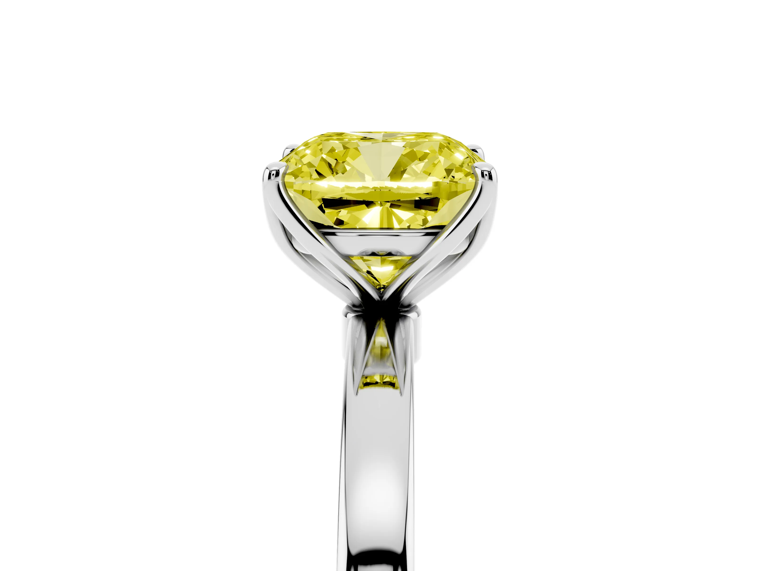 Fancy Yellow Cushion Cut Diamond Solitaire Ring Set in White gold with Prong Setting and Thin Polished Band