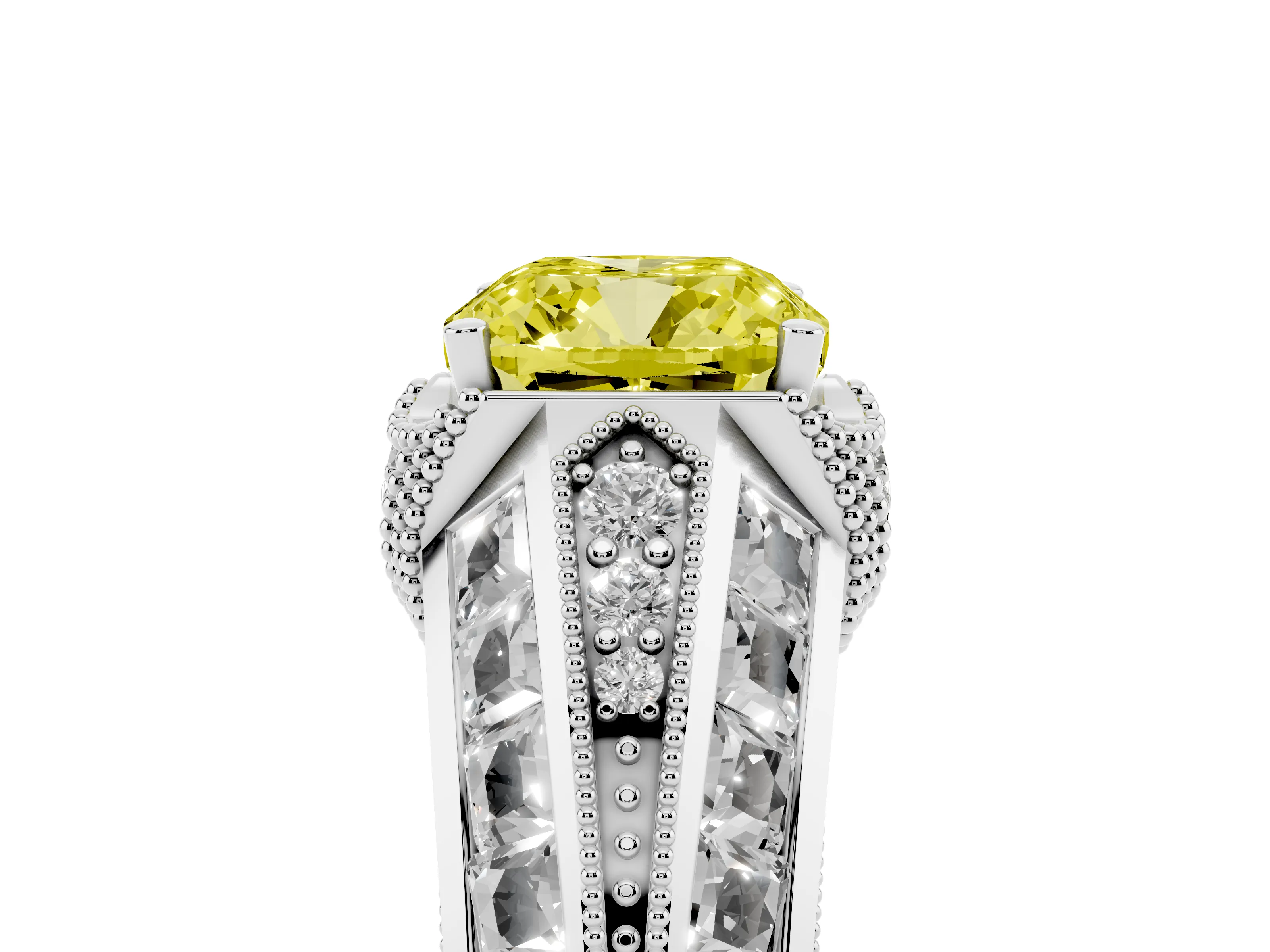 Fancy Yellow Cushion Cut Diamond Vintage-Inspired Milgrain Ring Set in Silver with Accent Split Shank