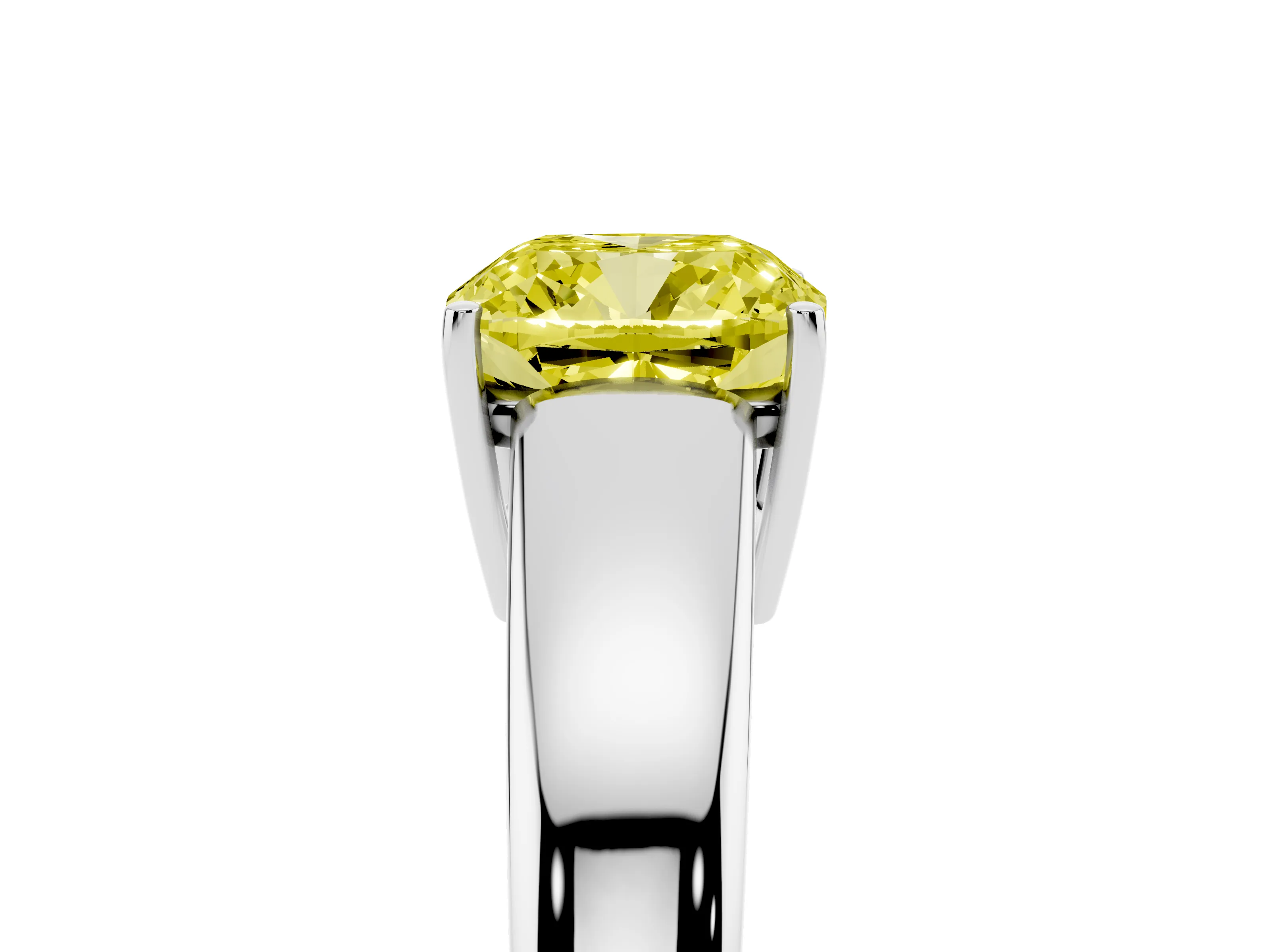 Fancy Yellow Cushion Cut Diamond Solitaire Ring Set in White gold with Tapered Band and Prong Setting