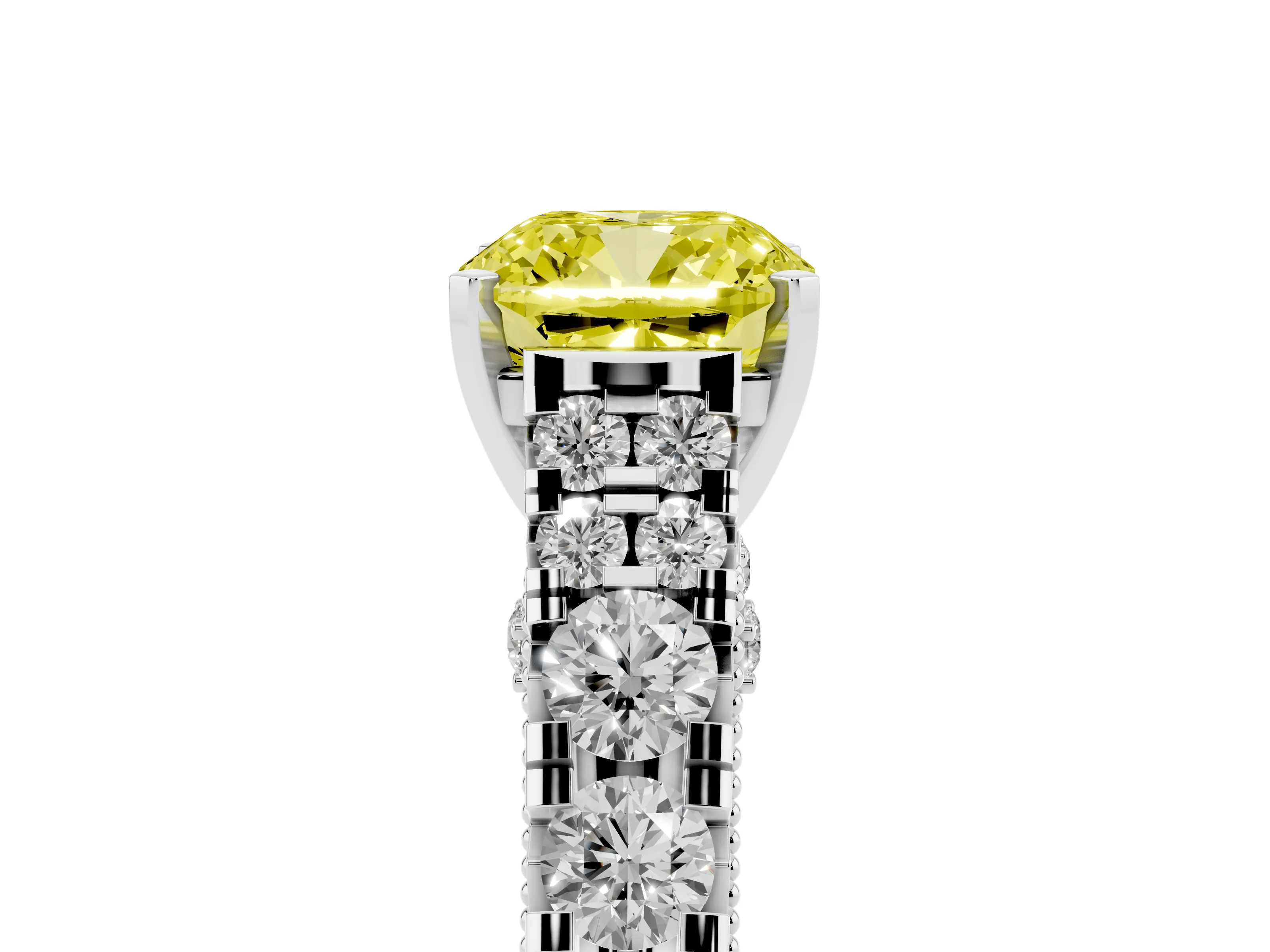 Fancy Yellow Cushion Cut Diamond Classic Solitaire Ring Set in White gold with Pavé Band and Prong Setting