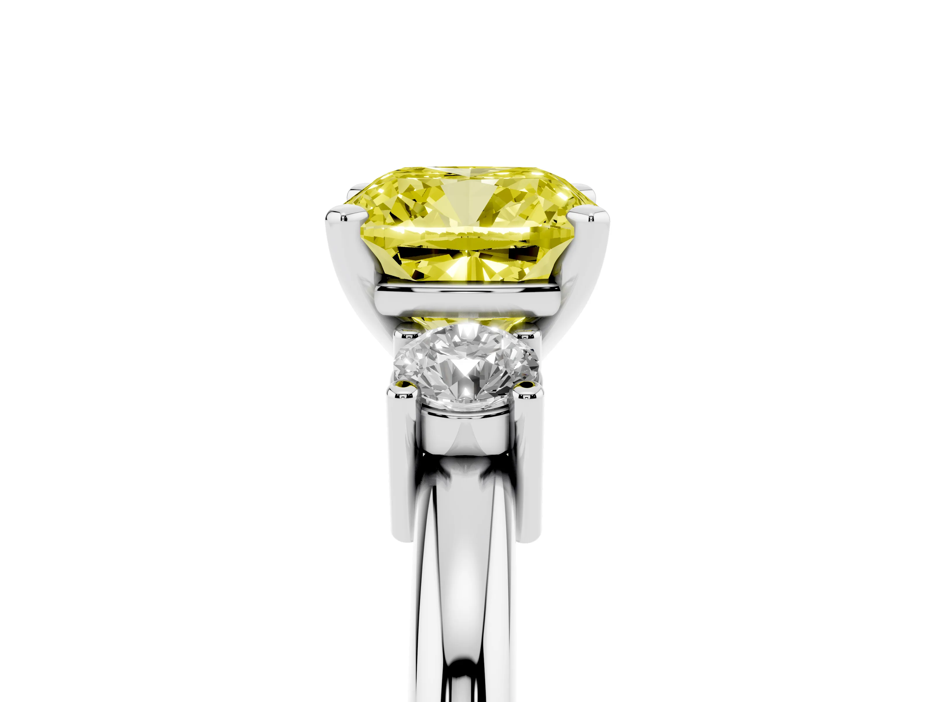 Fancy Yellow Three-Stone Cushion Cut Diamond Ring Set in Platinum with Prong Setting and Plain Band