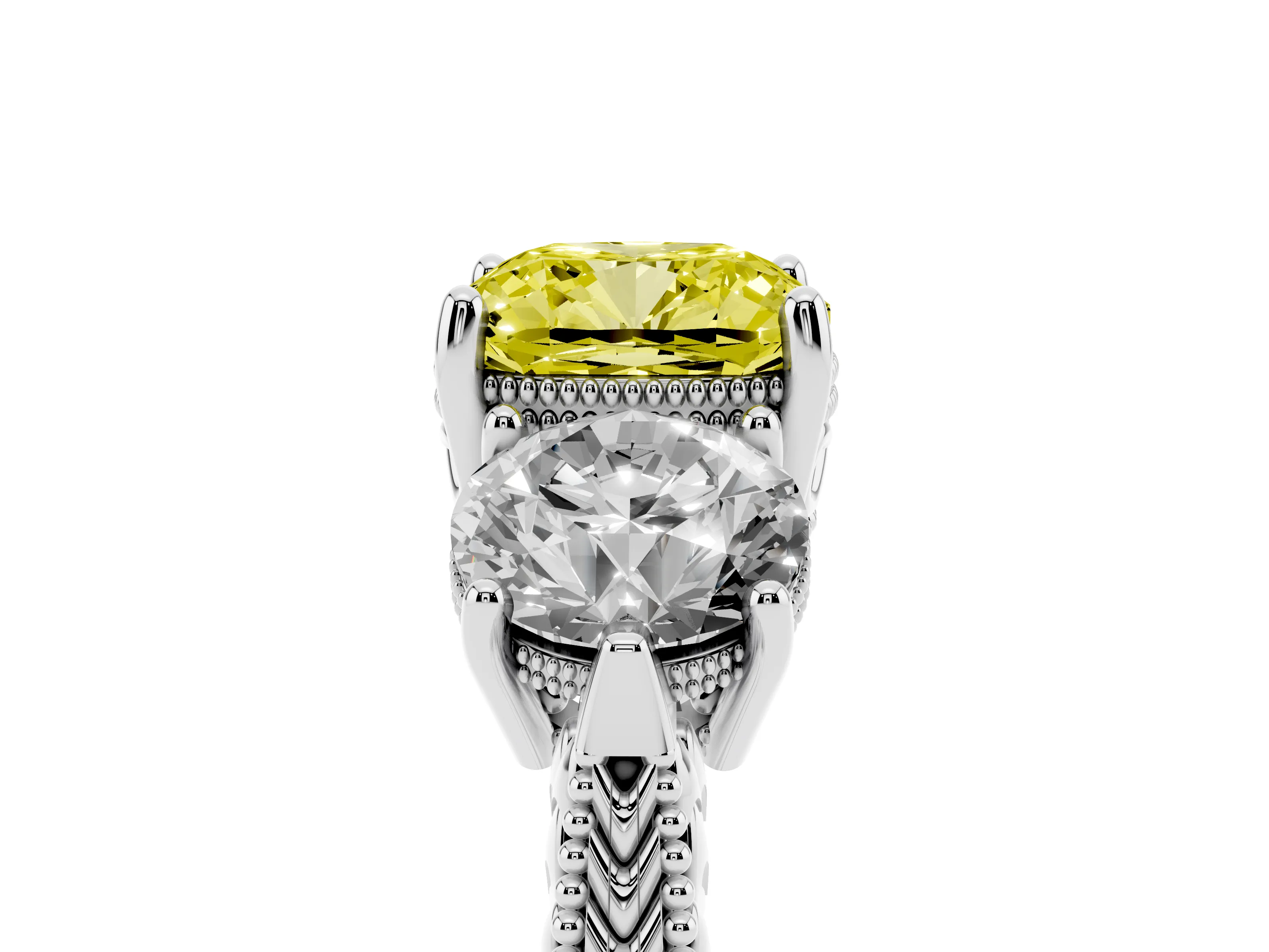 Fancy Yellow Cushion Cut Diamond Three-Stone Ring Set in Platinum with Milgrain Band