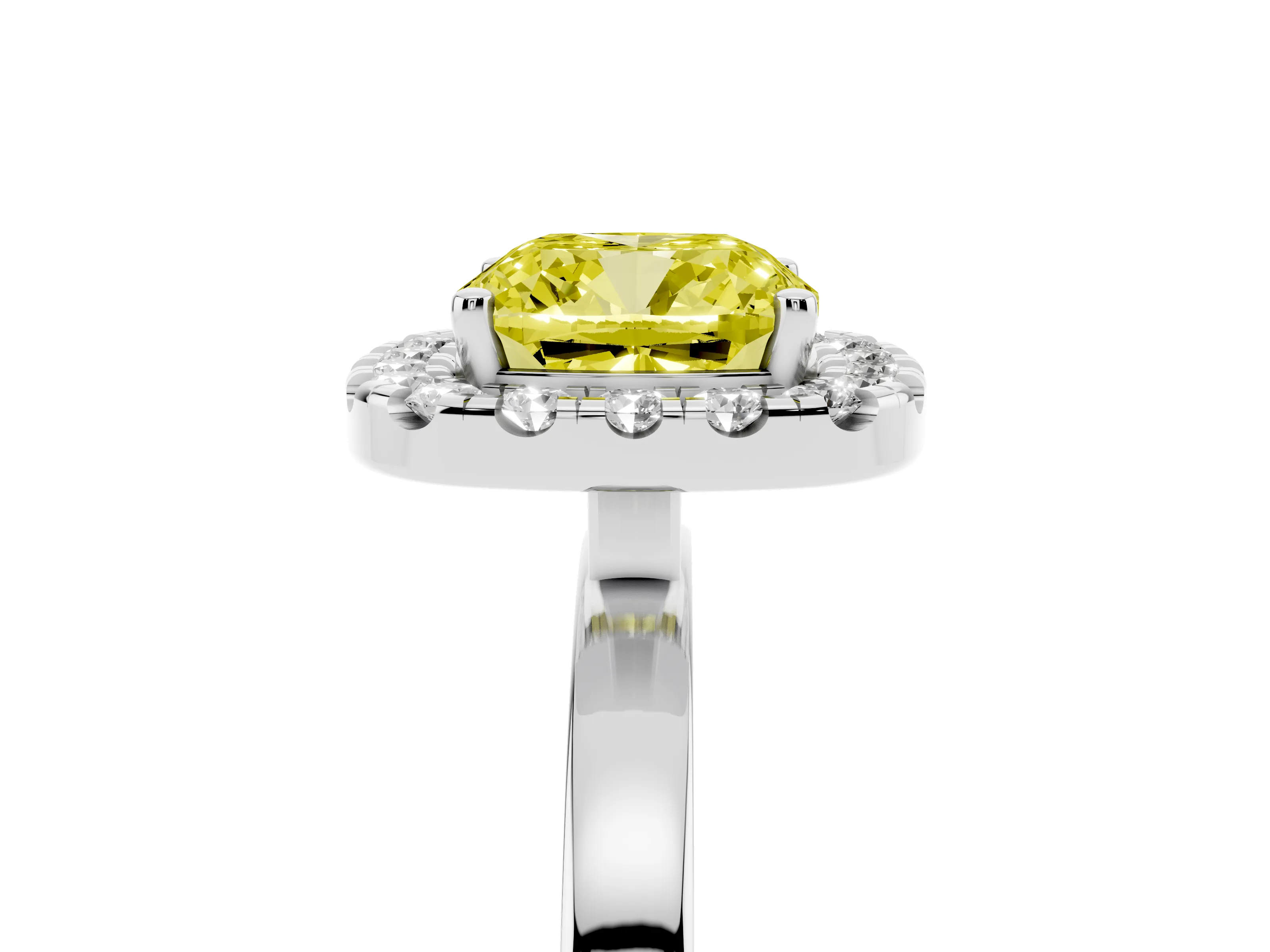 Fancy Yellow Cushion Cut Diamond Halo Solitaire Ring Set in White gold with Pavé Band and Prong Setting