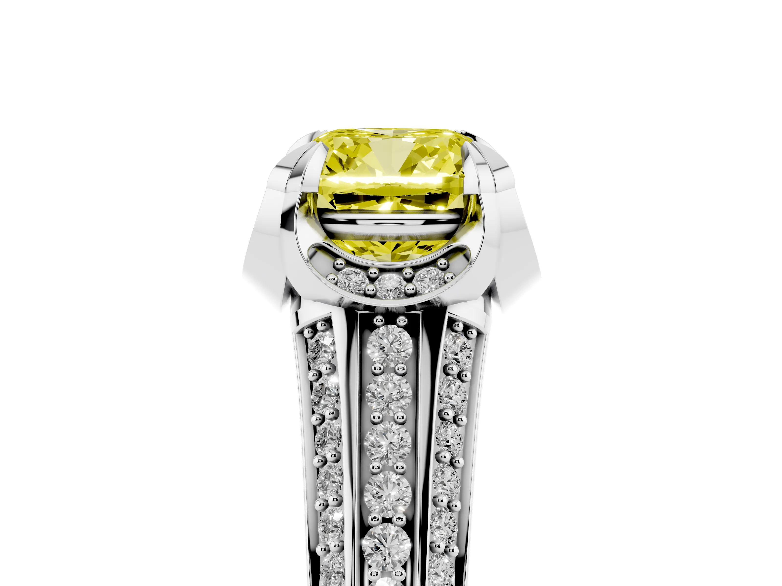 Fancy Yellow Cushion Cut Diamond Pavé Split Shank Solitaire Ring Set in White gold with Prong Setting