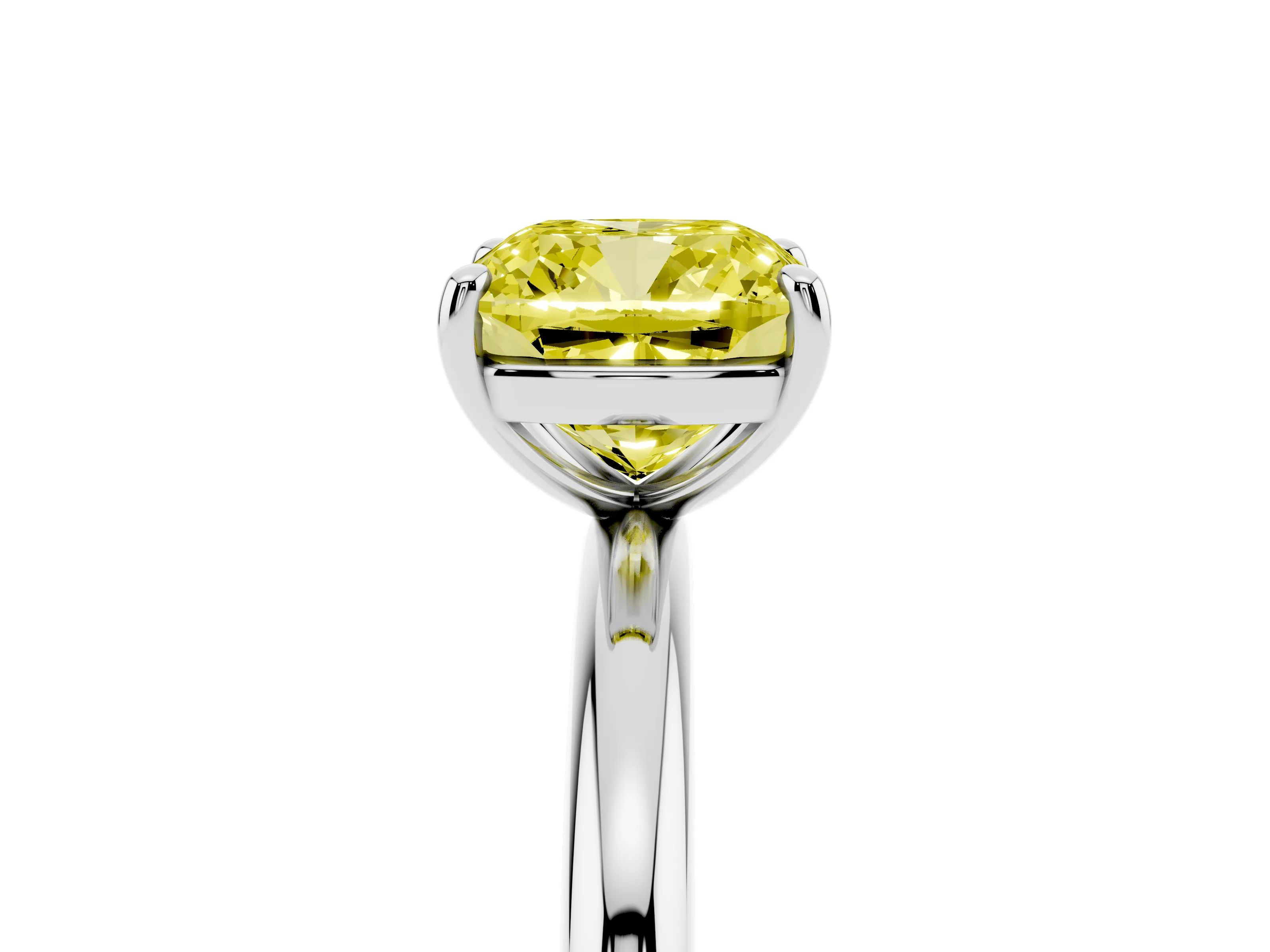 Fancy Yellow Cushion Cut Diamond Solitaire Ring Set in Platinum with Prong Setting on a Polished Plain Band