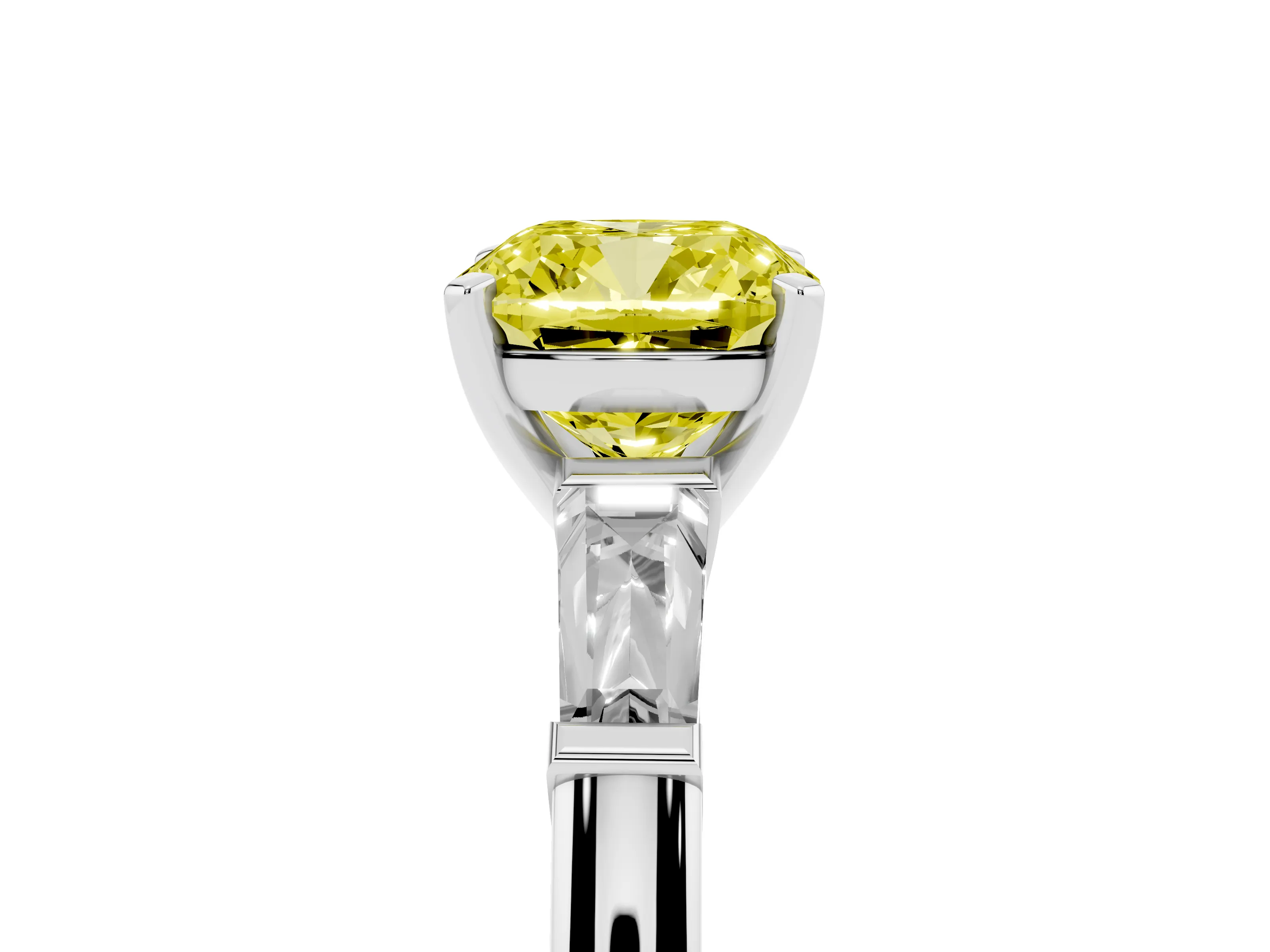 Fancy Yellow Cushion Cut Diamond Solitaire Ring Set in White gold with Tapered Baguette Side Stones and Prong Setting