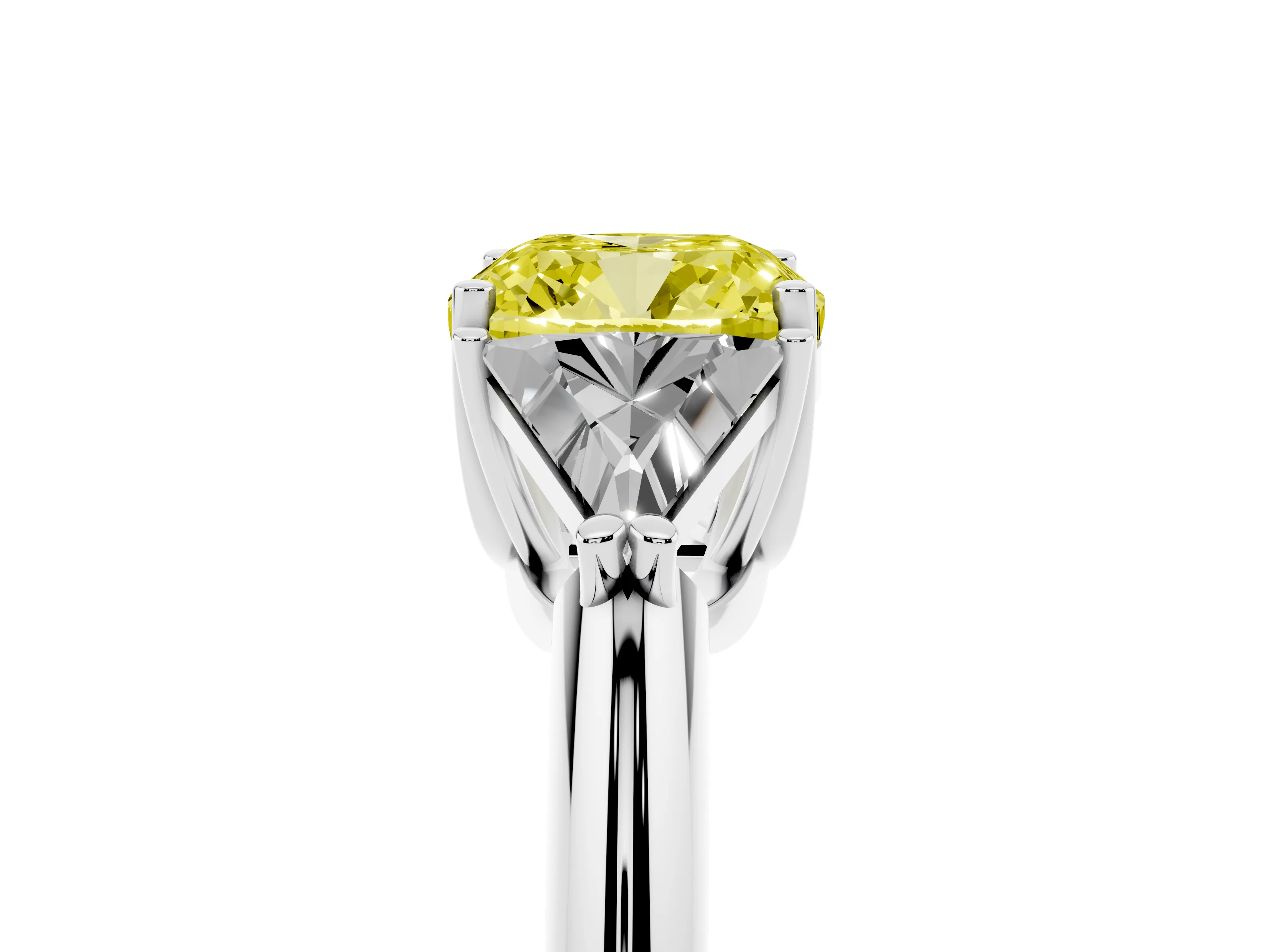 Fancy Yellow Cushion Cut Diamond Three-Stone Engagement Ring Set in Silver with Trillion Side Stones