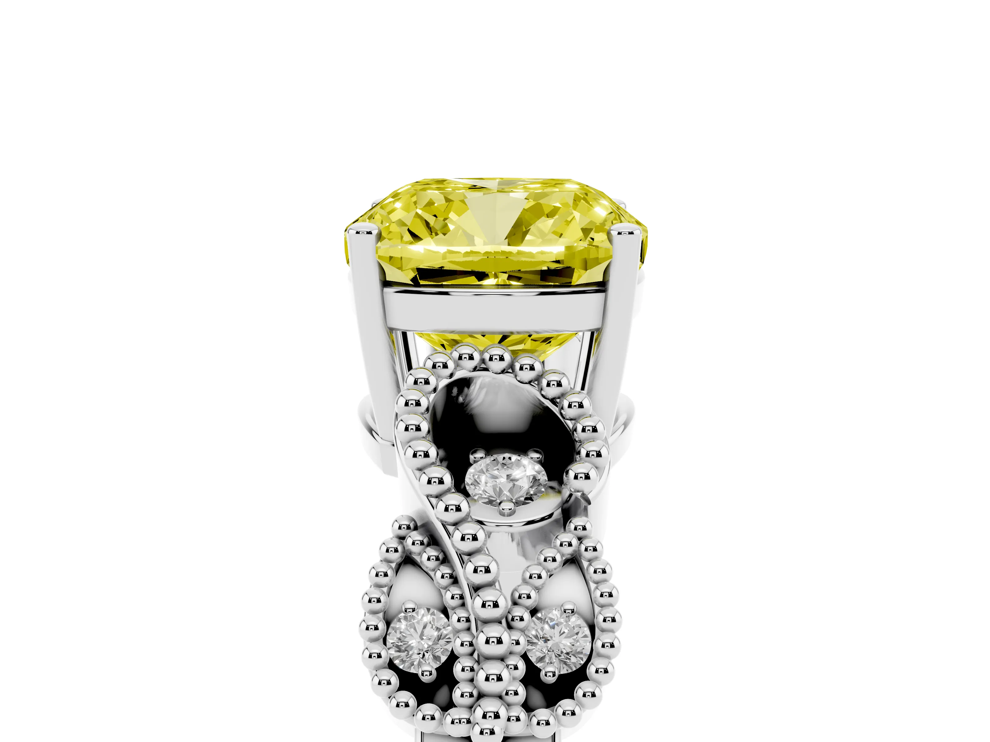 Fancy Yellow Cushion Cut Diamond Milgrain Leaf Band Solitaire Ring Set in Platinum with Accent Stones and Prong Setting