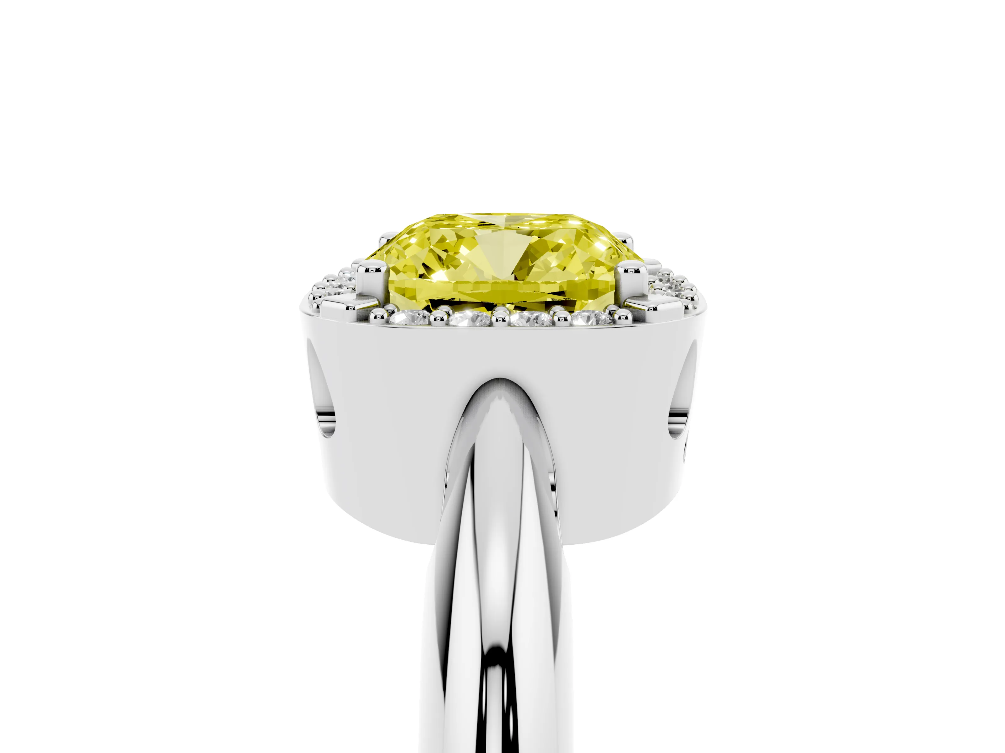 Fancy Yellow Cushion Cut Diamond Halo Engagement Ring Set in Silver with Plain Split Shank and Prong Setting