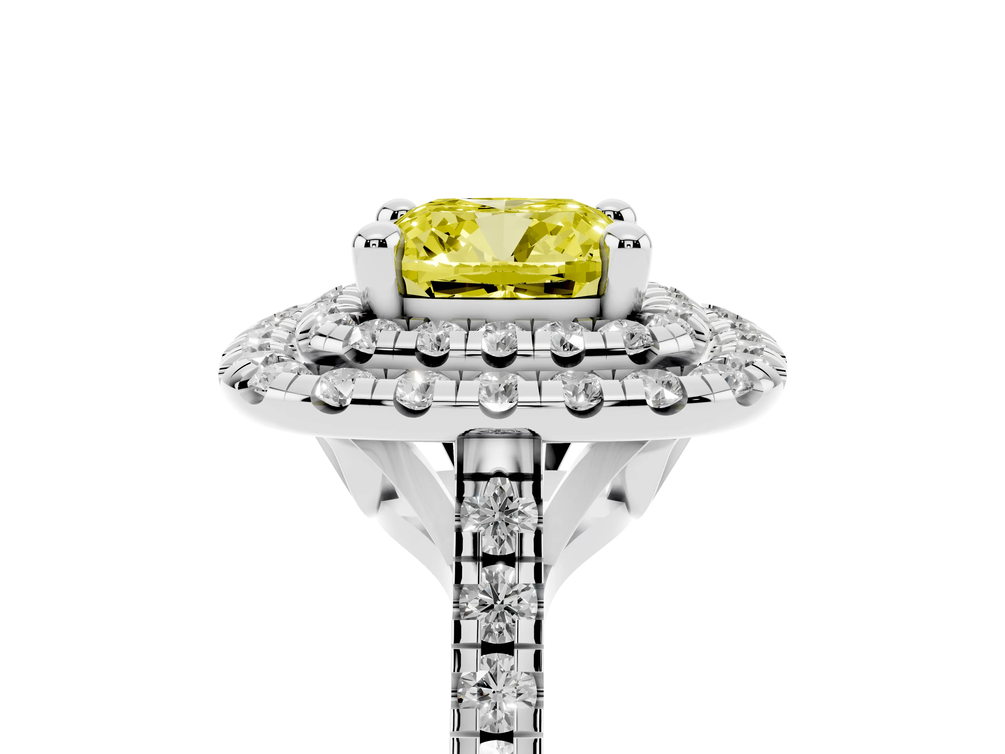 Fancy Yellow Cushion Cut Diamond Double Halo Statement Ring Set in Platinum with Pavé Band