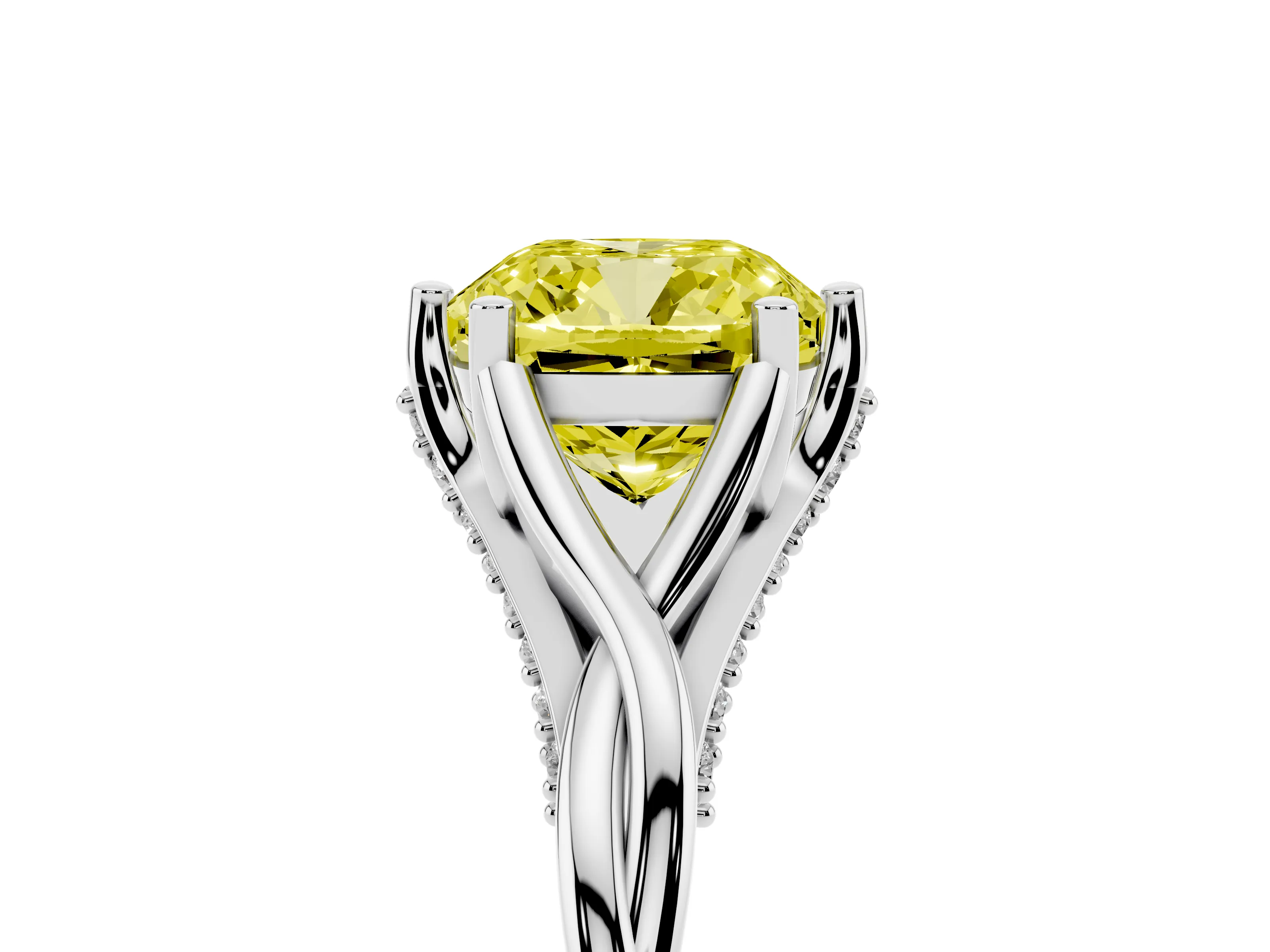 Fancy Yellow Cushion Cut Diamond Intertwined Twist Band Solitaire Ring Set in White gold with Prong Setting