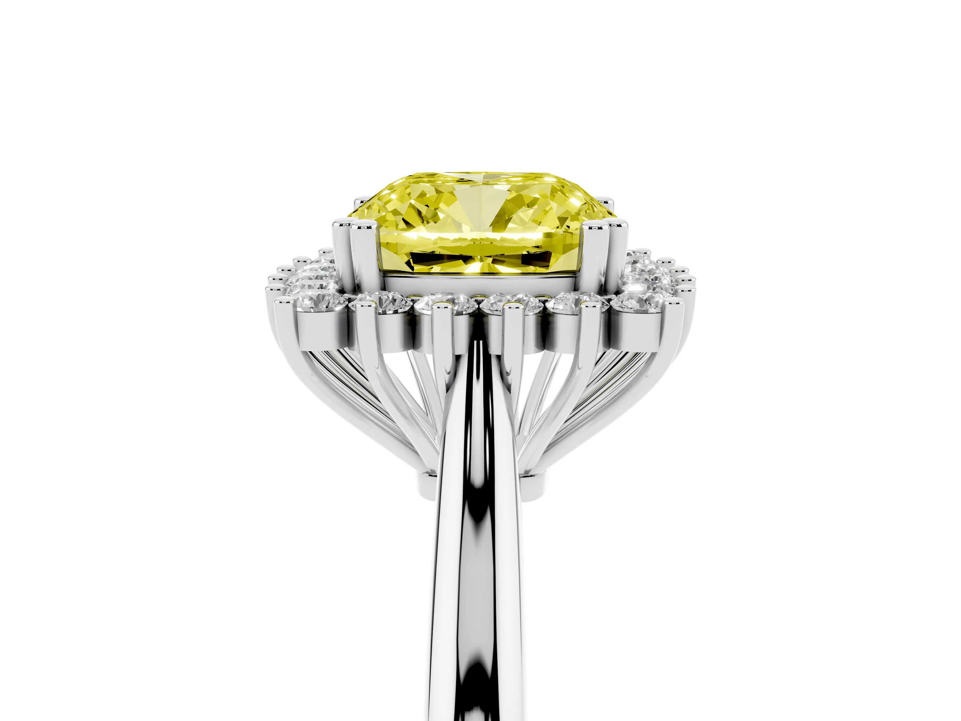 Fancy Yellow Cushion Cut Diamond Halo Ring Set in Platinum with Plain Solitaire Band and Prong Setting