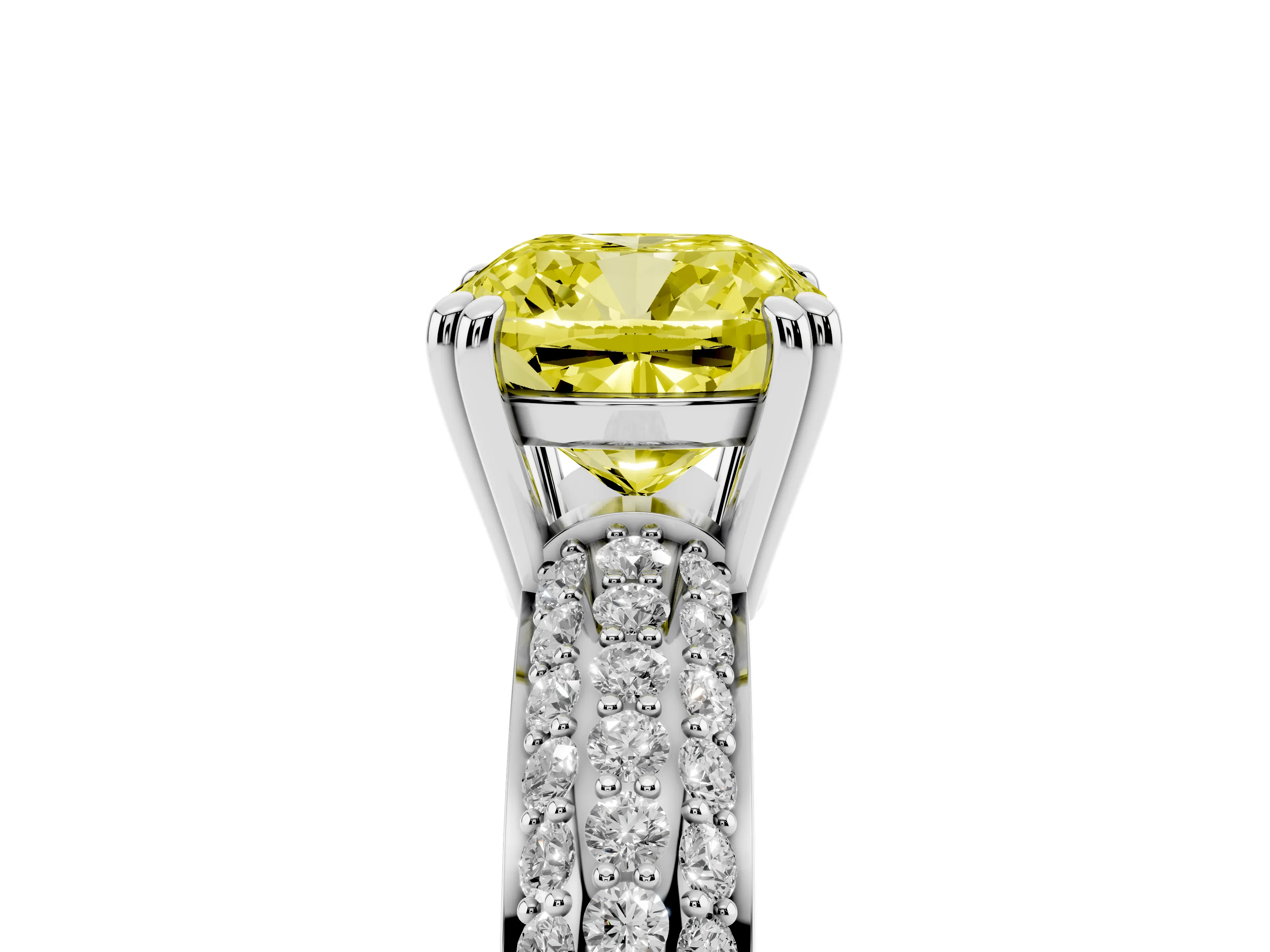 Fancy Yellow Cushion Cut Diamond Solitaire Ring Set in Platinum with Multi-Row Round Pavé Band and Prong Setting