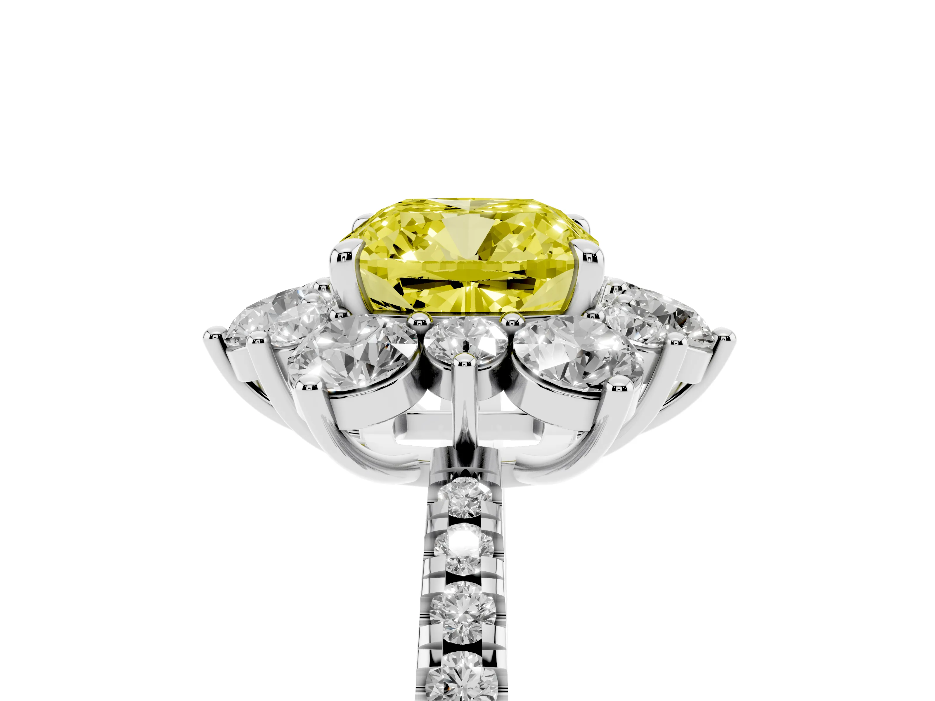 Fancy Yellow Cushion Cut Diamond Floral Halo Ring Set in Silver with Round Pavé Band and Prong Setting