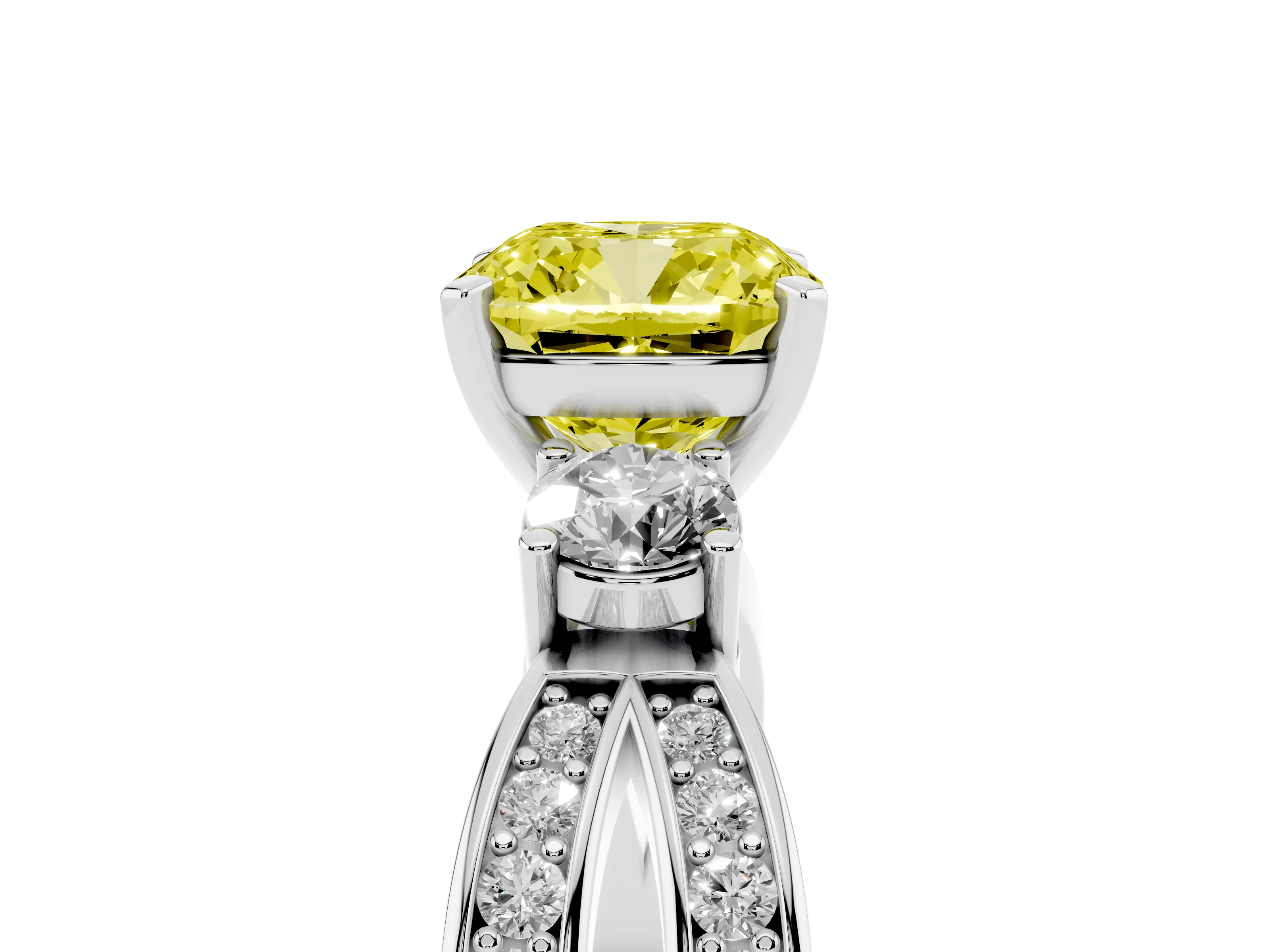 Fancy Yellow Three-Stone Cushion Cut Diamond Twist Band Ring Set in Platinum with Pavé Accents and Prong Setting