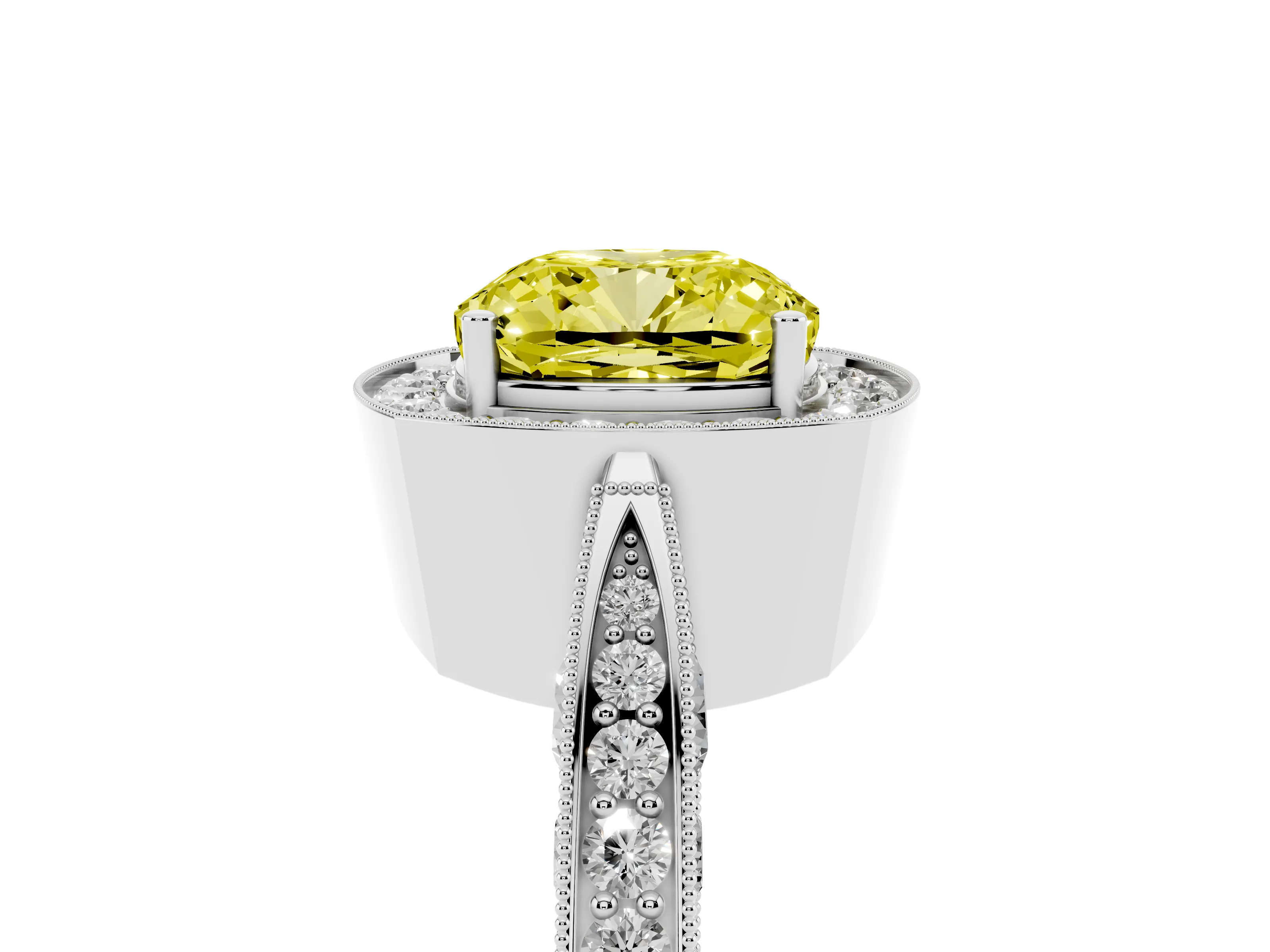 Fancy Yellow Cushion Cut Diamond Halo Engagement Ring Set in Silver with Accent Split Shank Band