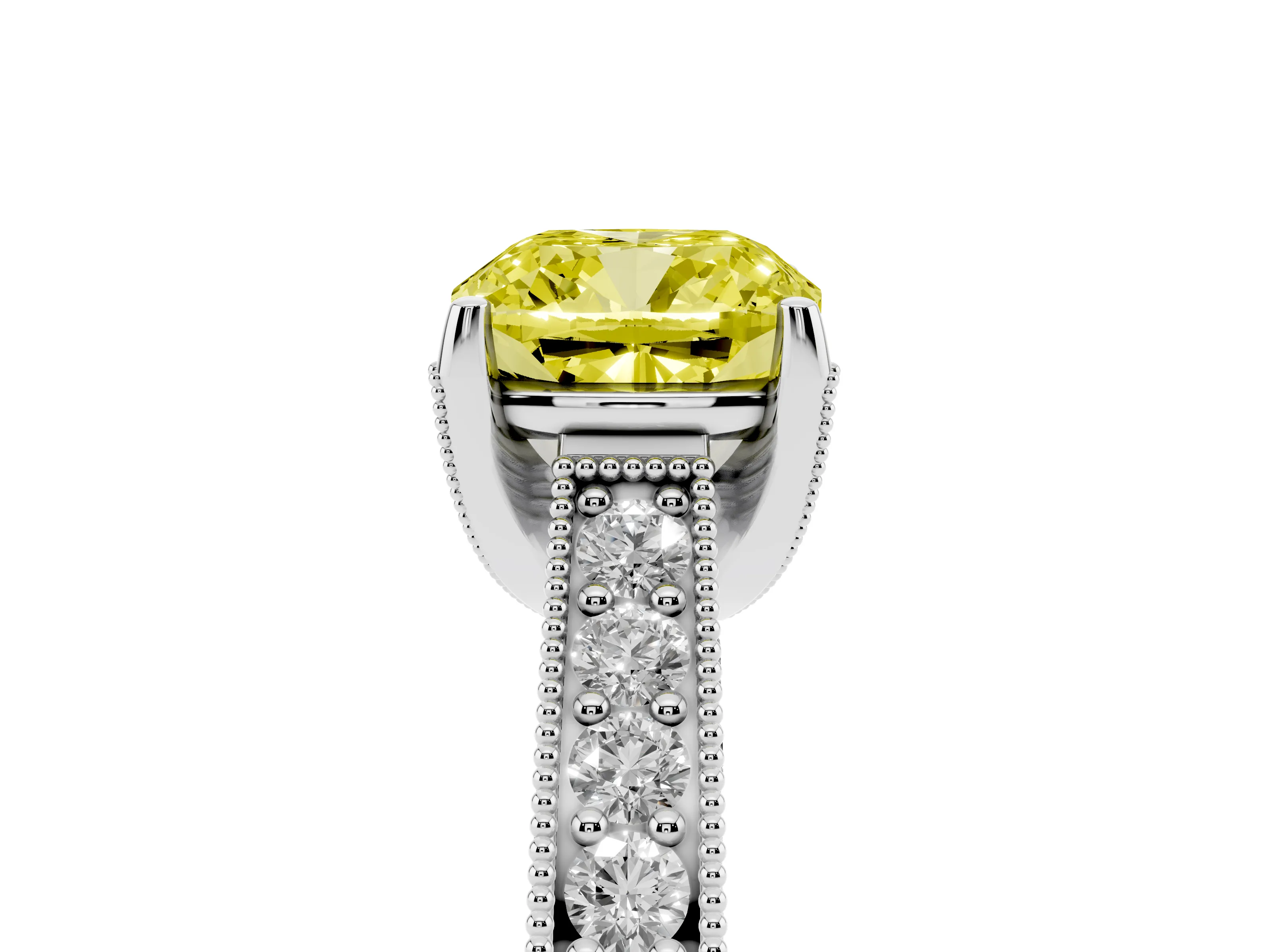 Fancy Yellow Cushion Cut Diamond Solitaire Ring Set in Silver with Milgrain-Edged Pavé Band and Prong Setting