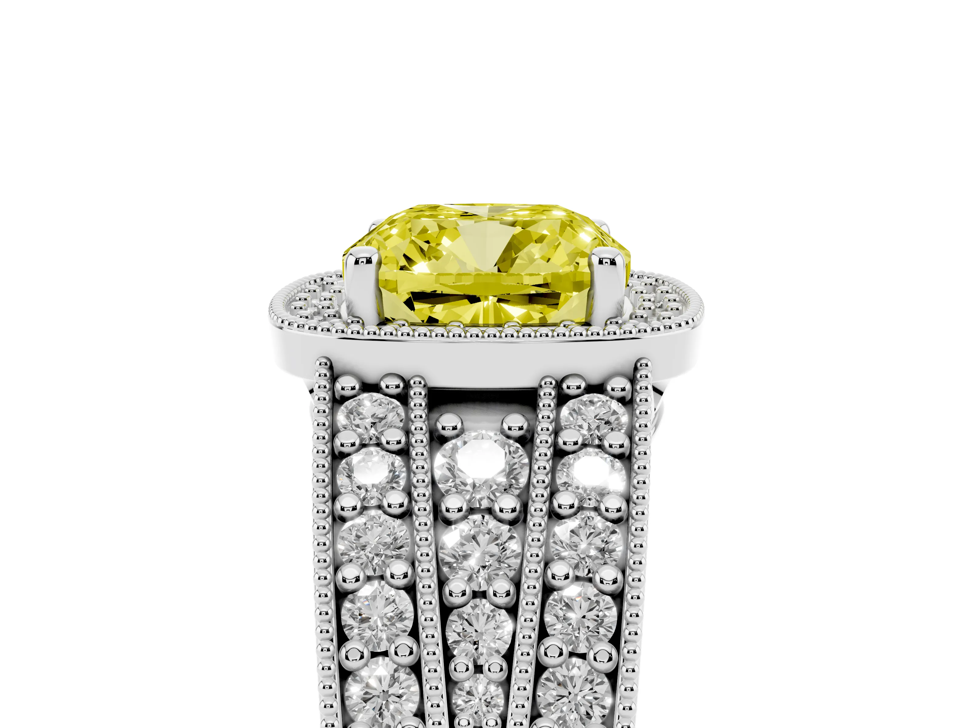 Fancy Yellow Cushion Cut Diamond Halo Ring Set in Silver with Accent Split Shank and Prong Setting