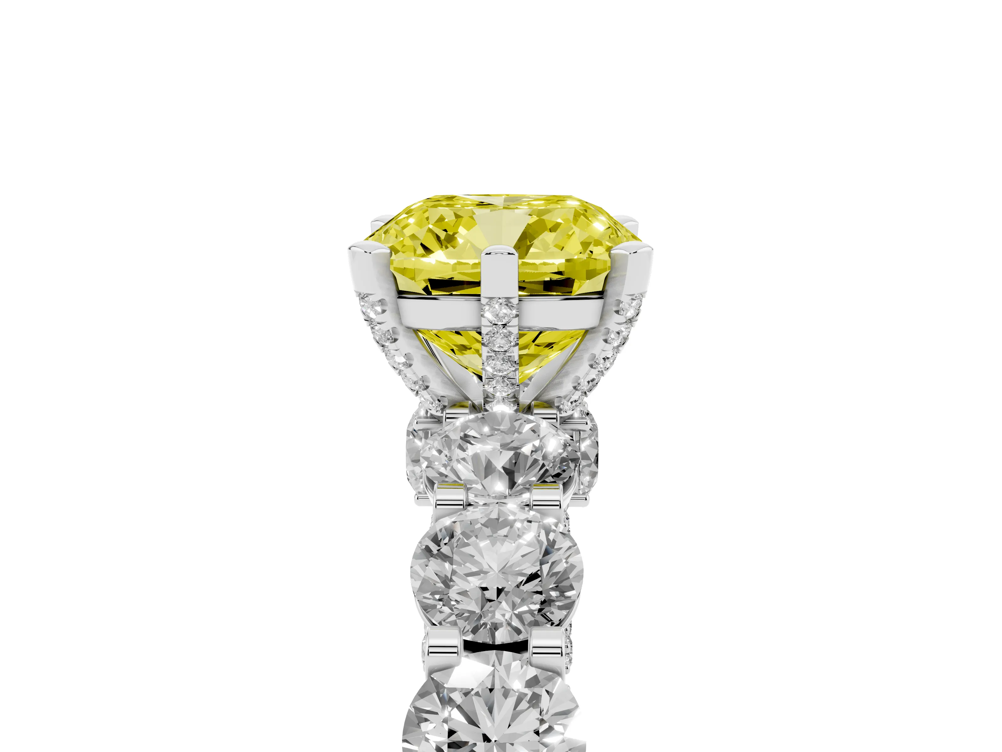 Fancy Yellow Cushion Cut Diamond Side Stone Ring Set in Silver with Alternating Round and Oval Side Stones