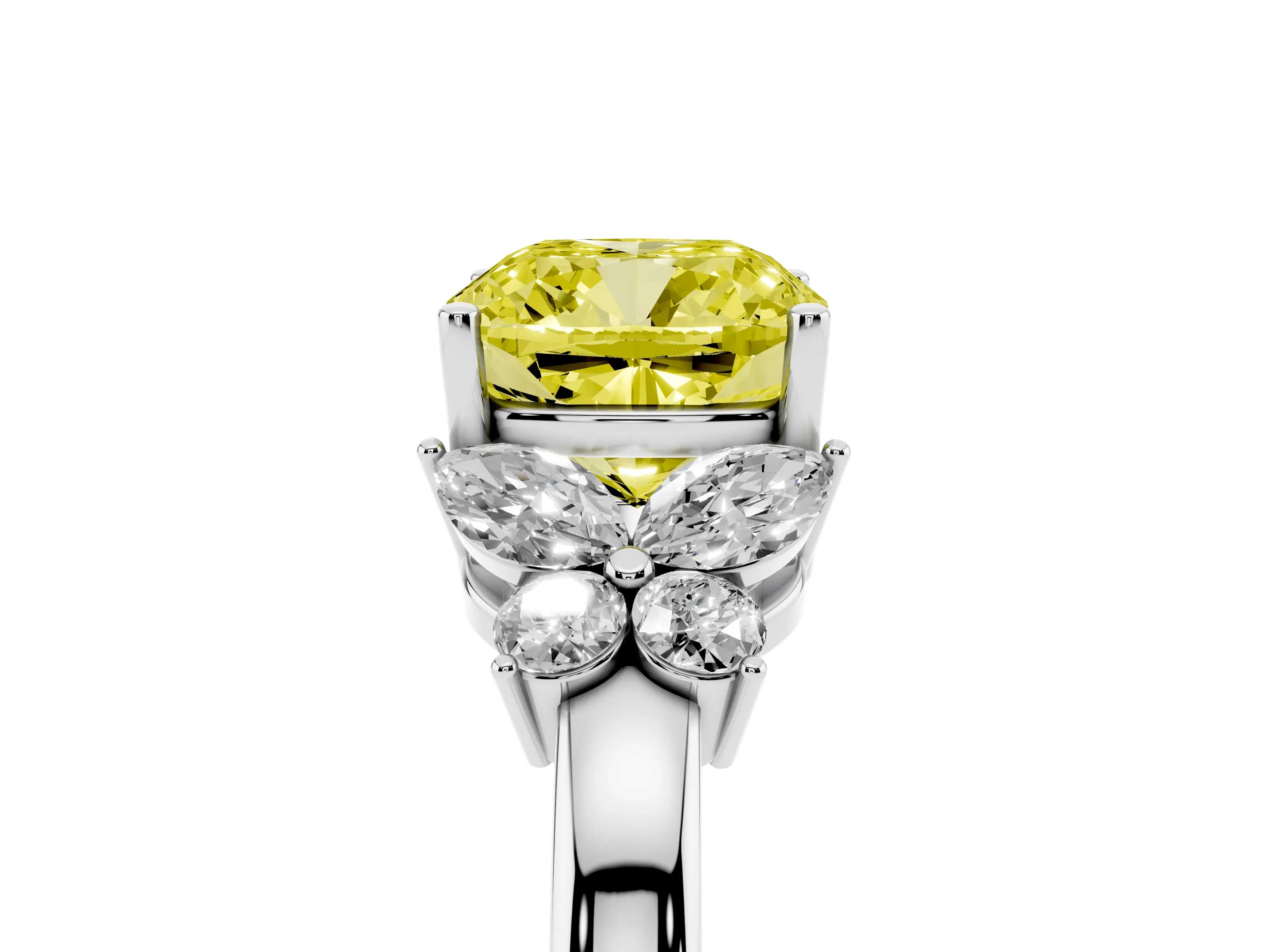 Fancy Yellow Cushion Cut Diamond Solitaire Floral Ring Set in Platinum with Marquise Petals and Prong Setting