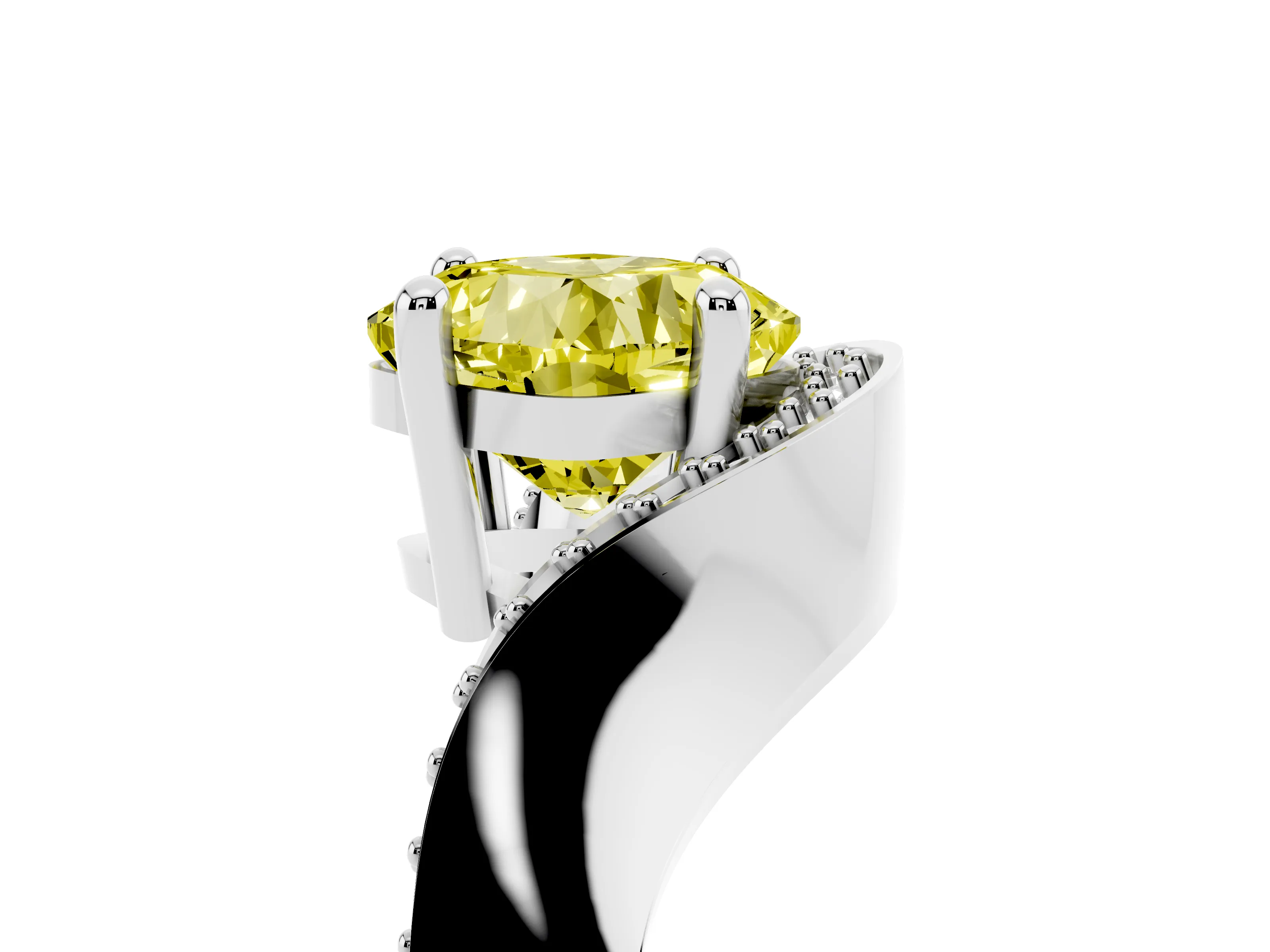 Fancy Yellow Cushion Cut Diamond Solitaire Engagement Ring Set in Silver with Pavé Shoulders