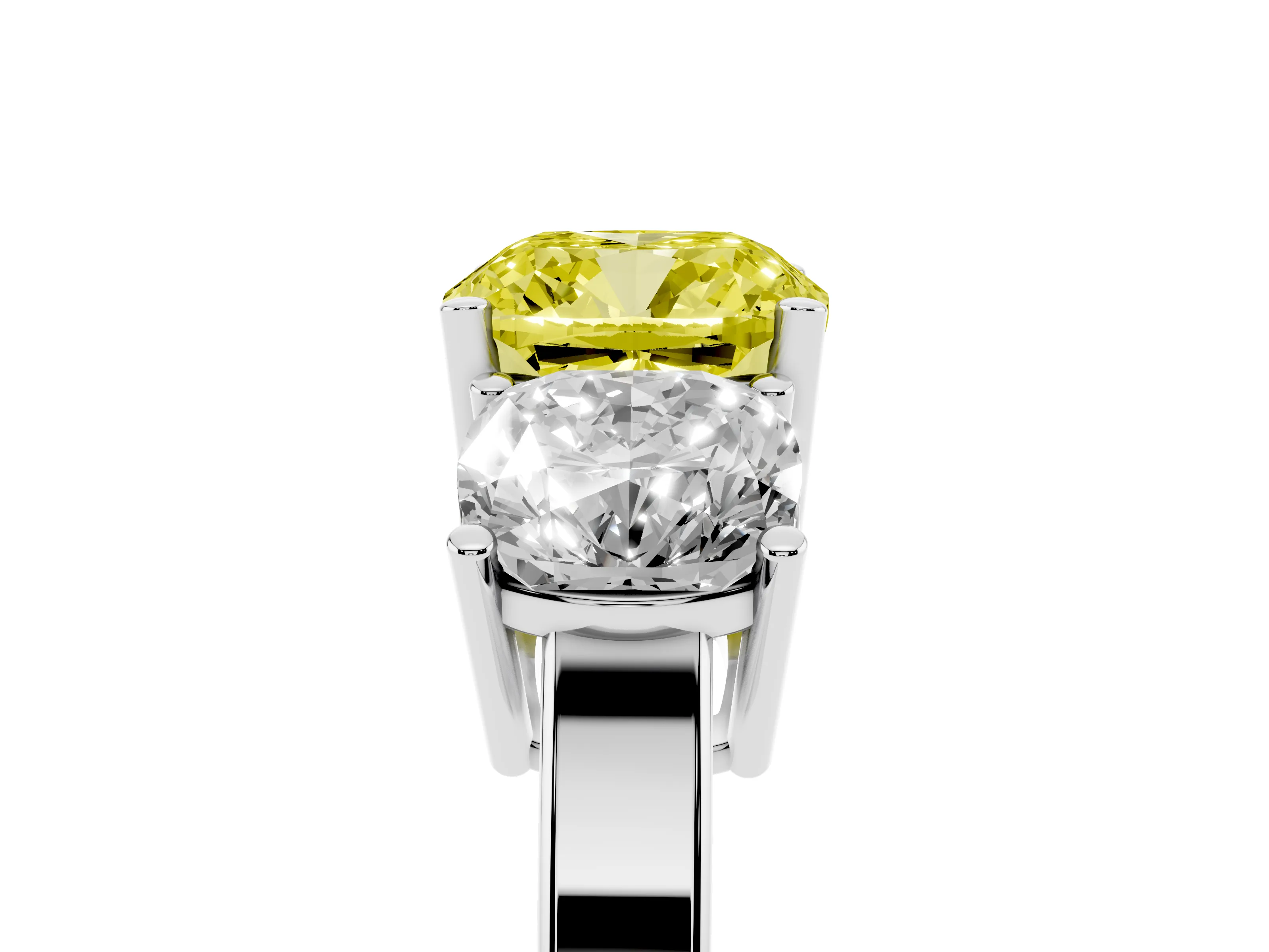 Fancy Yellow Cushion Cut Diamond Three-Stone Engagement Ring Set in Platinum with Flat Band