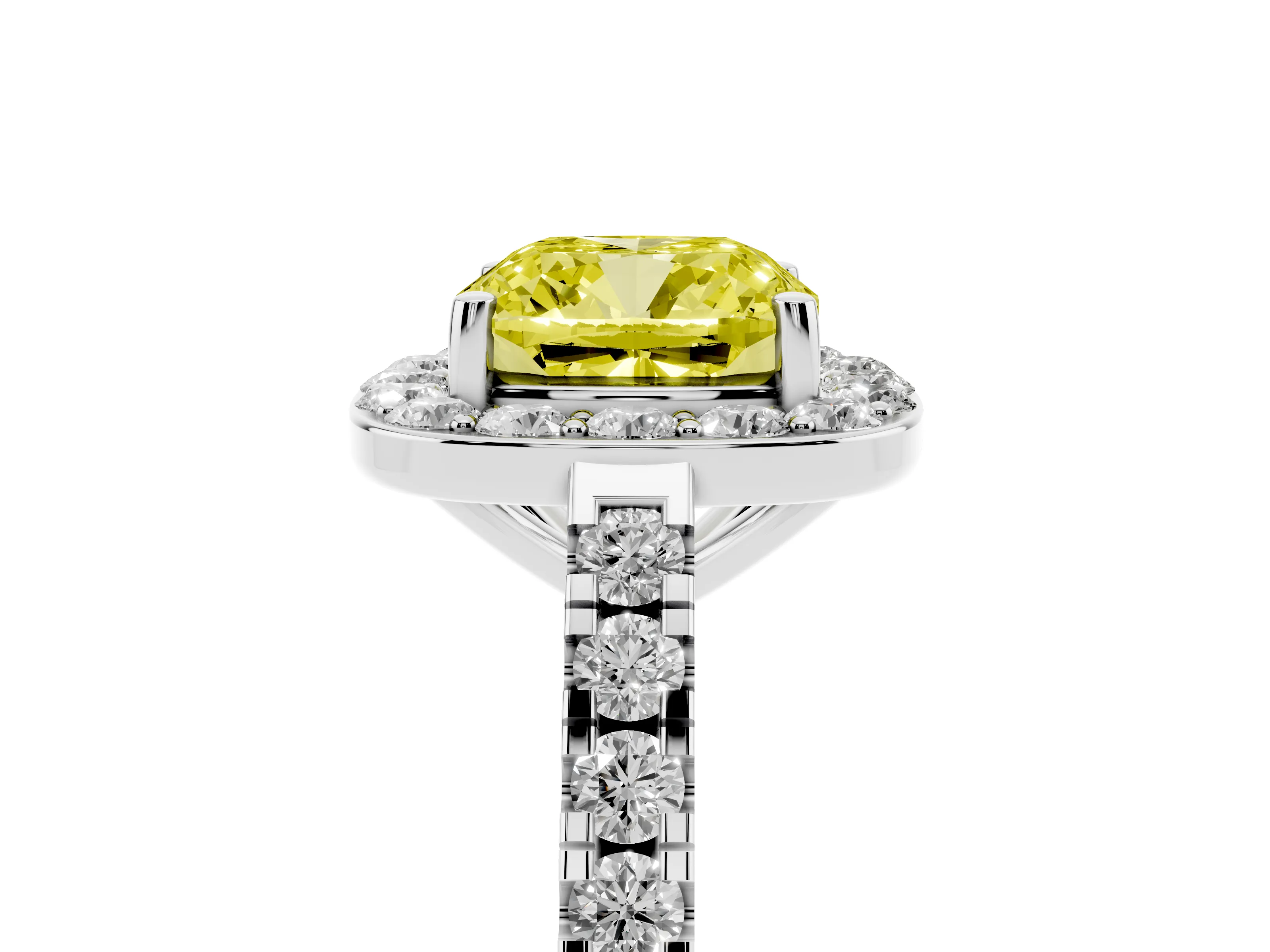 Fancy Yellow Cushion Cut Diamond Halo Ring Set in White gold with Round Pavé Split Shank and Prong Setting