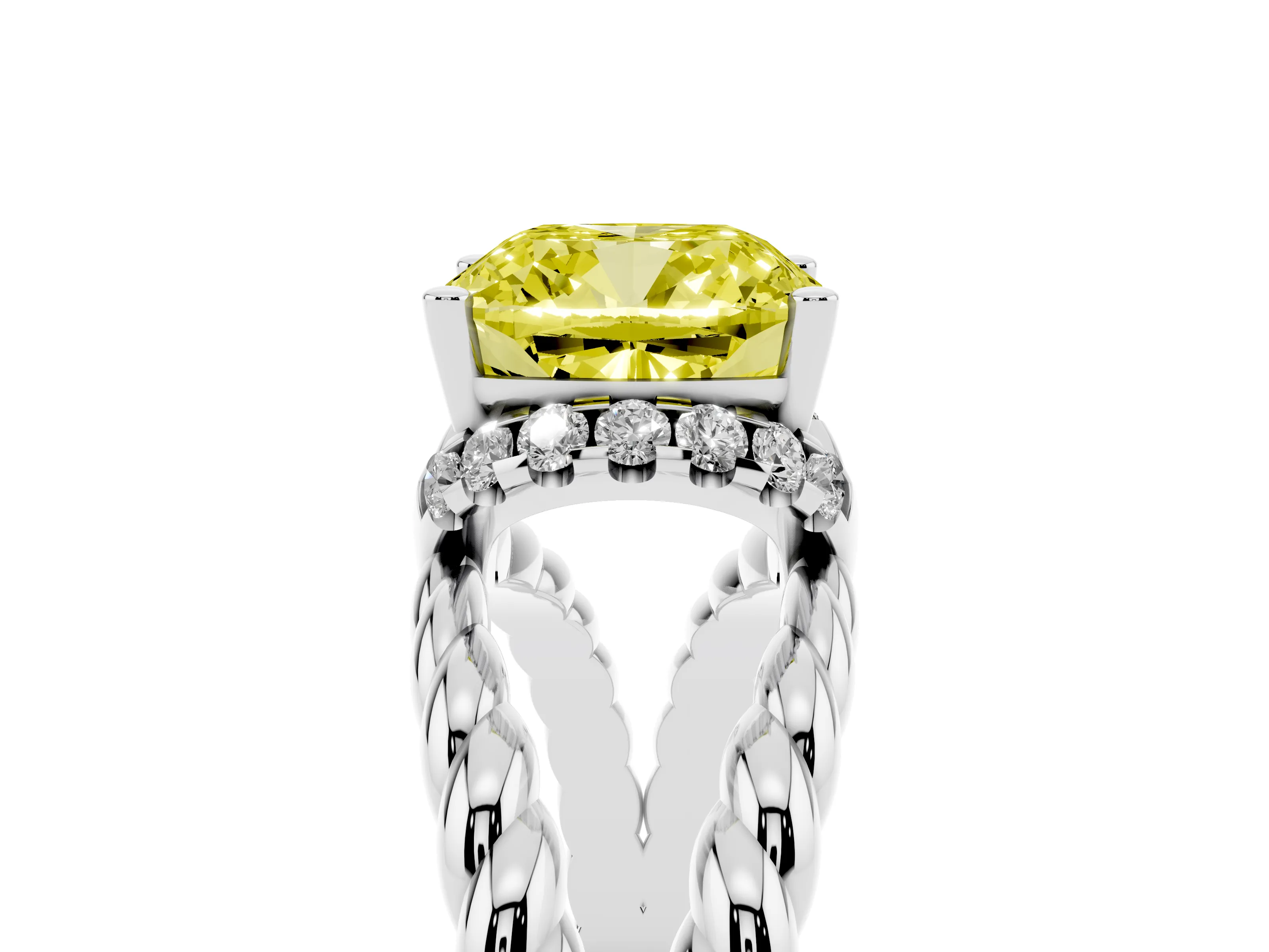 Fancy Yellow Cushion Cut Diamond Halo Ring Set in White gold with Twisted Band and Prong Setting