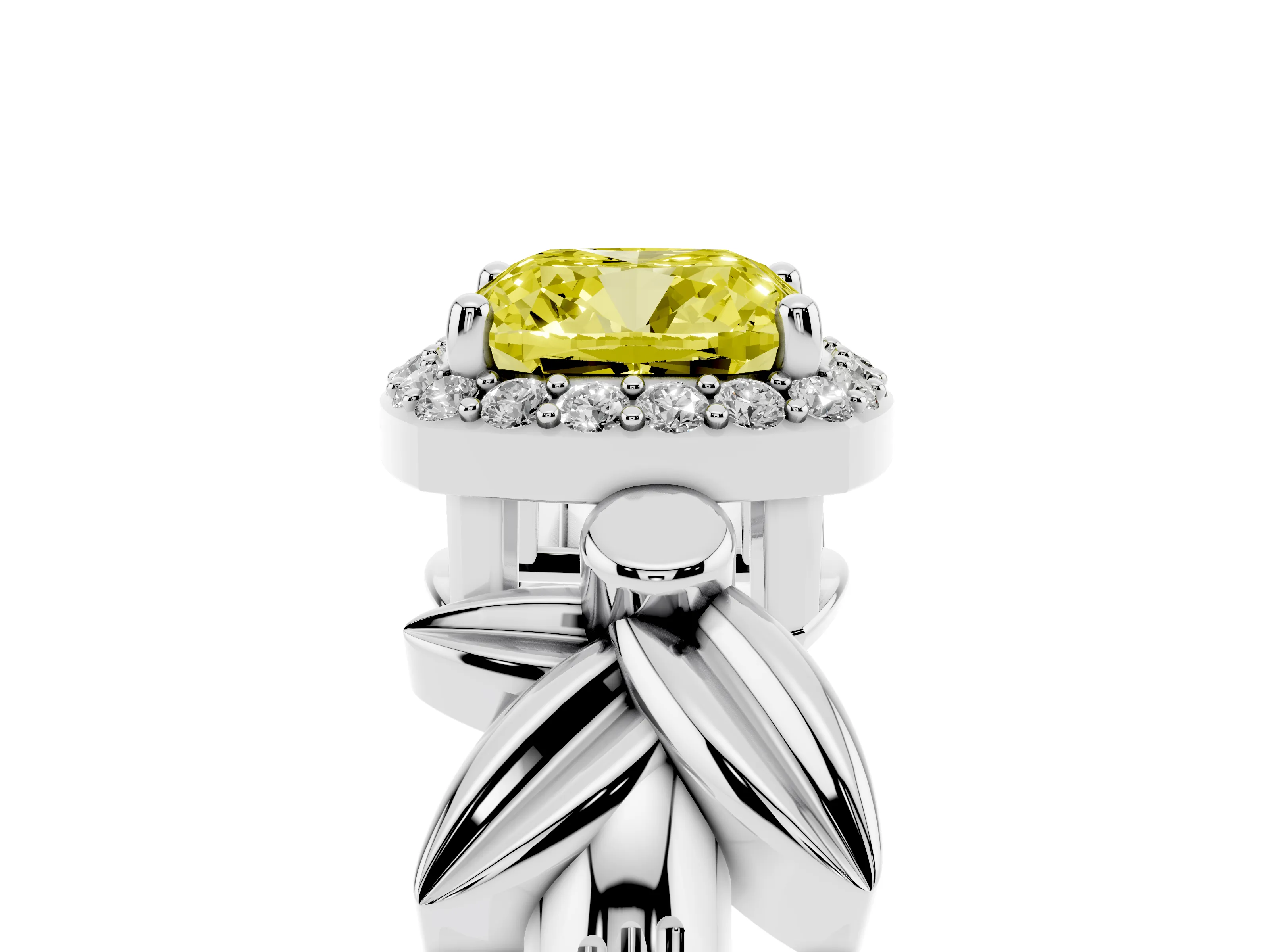Fancy Yellow Cushion Cut Diamond Halo Floral Band Ring Set in Silver with Prong Setting